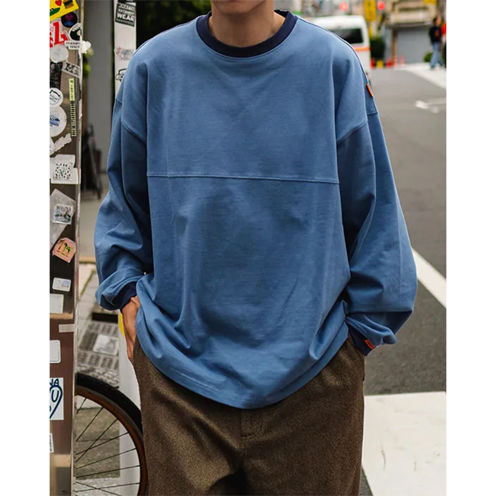 【ラスト1点 4 】BASIC L/S TEE WITH CONTRASTING RIBBED TRIMS / ブルー