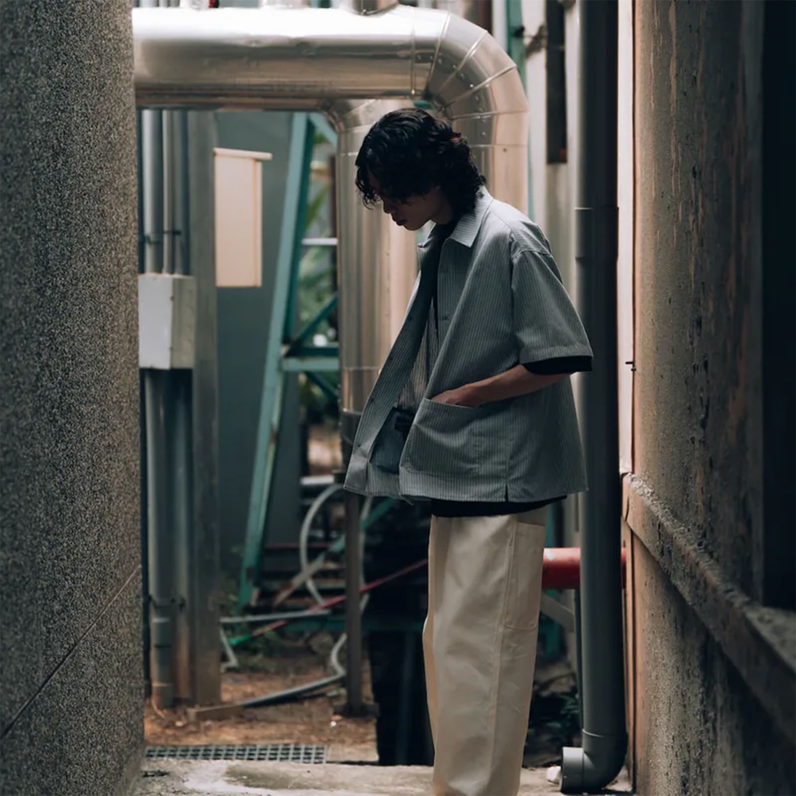 【ラスト1点 2 】Open Collar Stripe Shirt / グレーストライプ