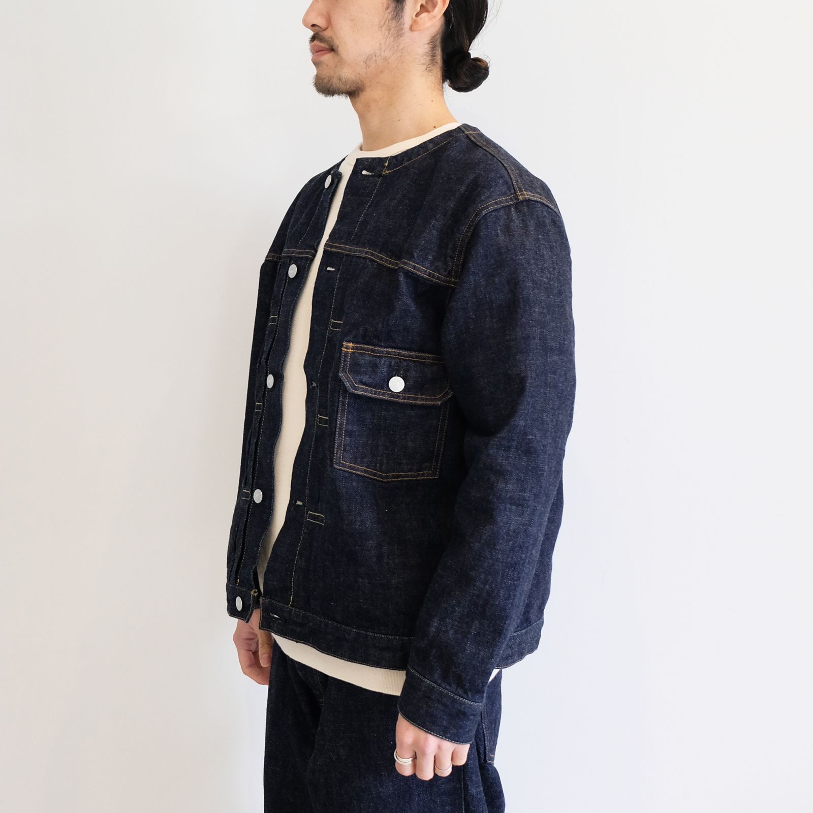 CALEE - 【ラスト1点 L 】1st type no collar denim jacket / インディゴワンウォッシュ | Filo