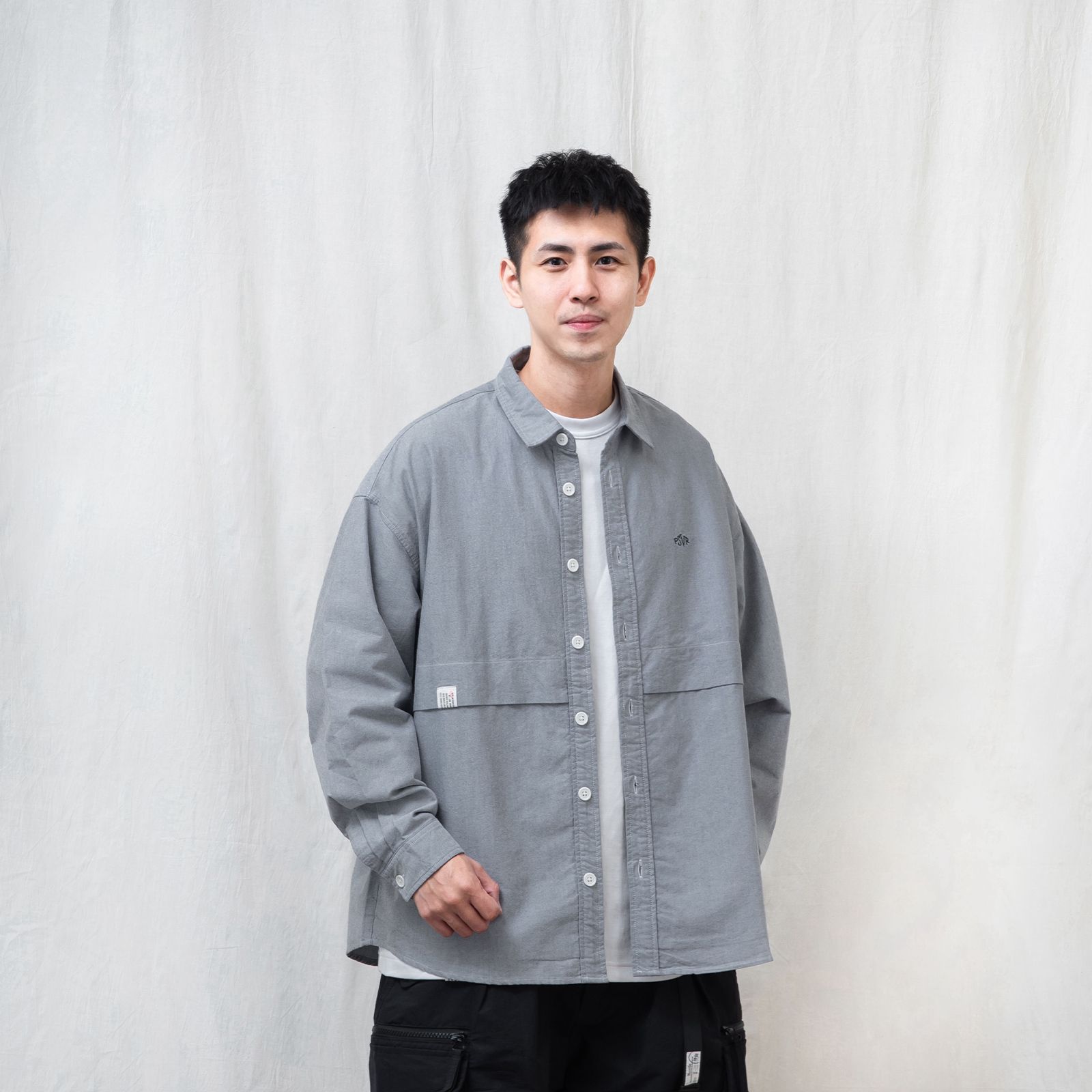 【ラスト1点 L】brand logo long-sleeve oversized oxford shirt / グレー