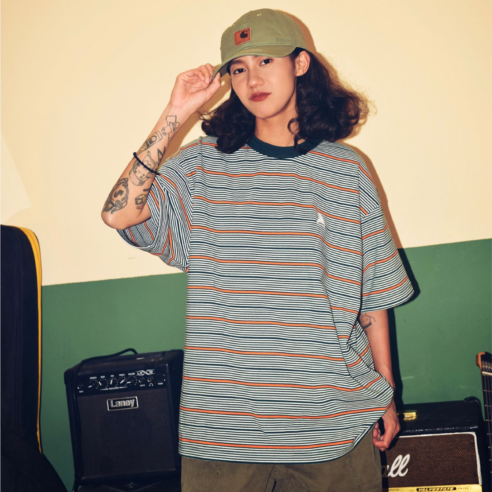 【ラスト1点 L】stripe crewneck lap / ホワイト×オレンジ