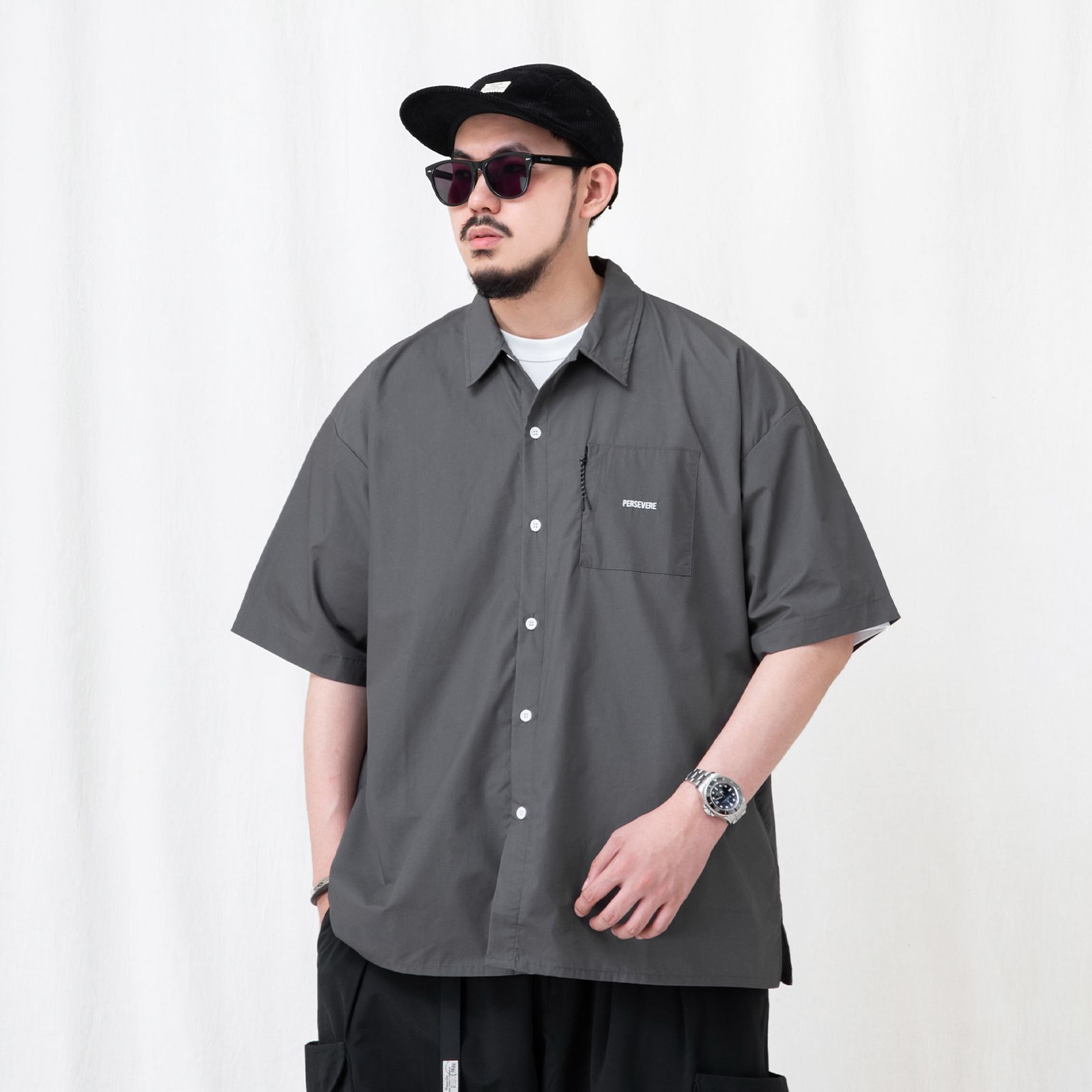 brand logo loose-fit shirt / ダークグレー