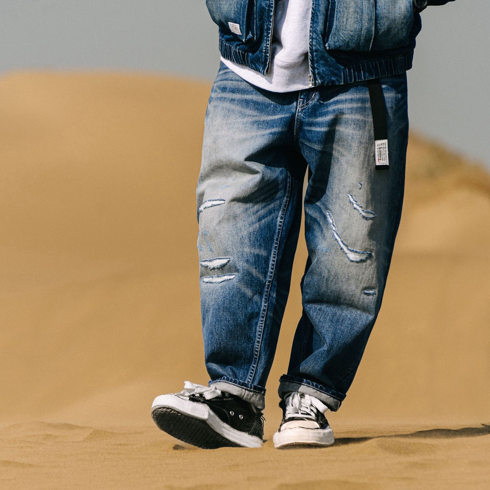 【ラスト1点 L】distressed selvedge denim jeans / ウォッシュドブルー