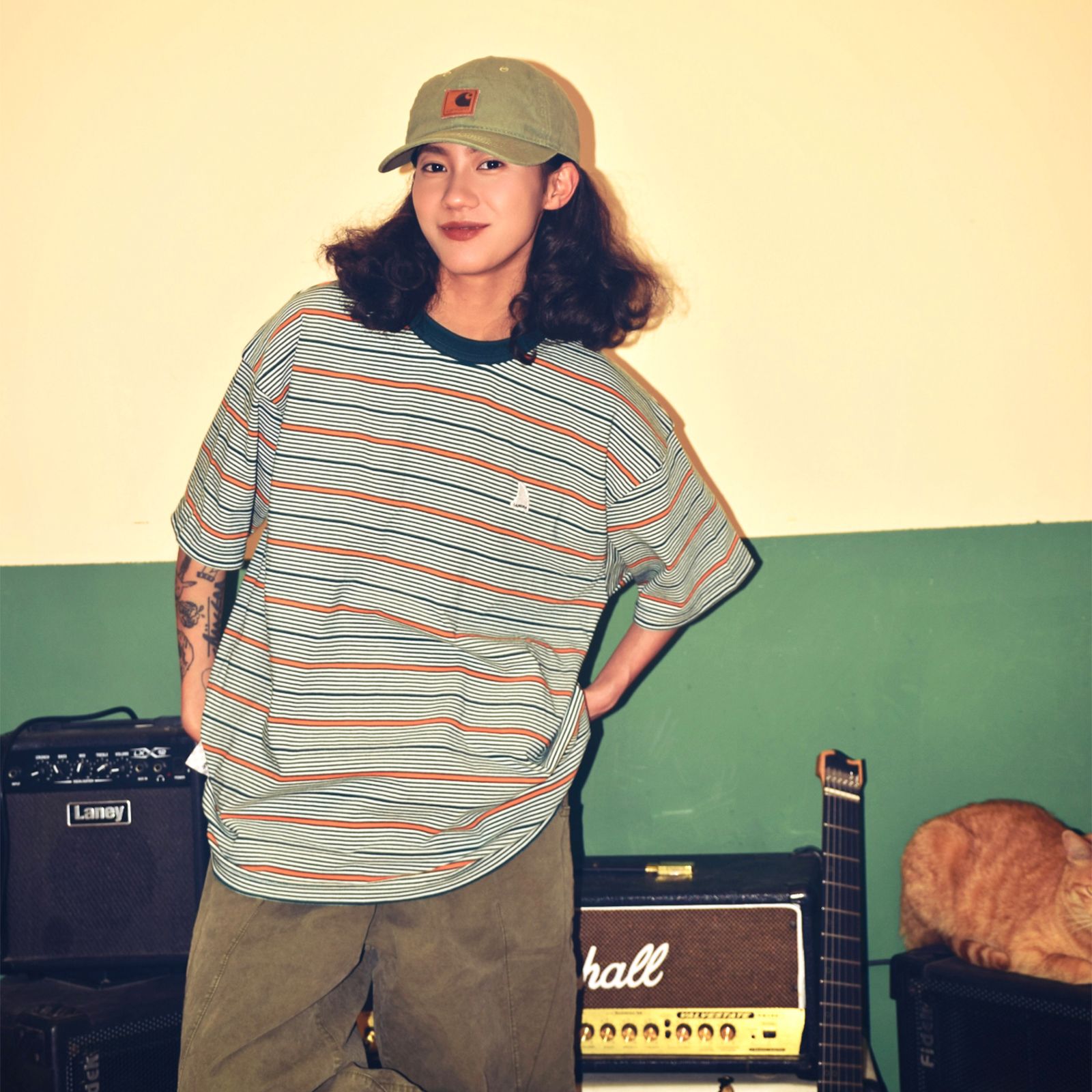 【ラスト1点 L】stripe crewneck lap / ホワイト×オレンジ