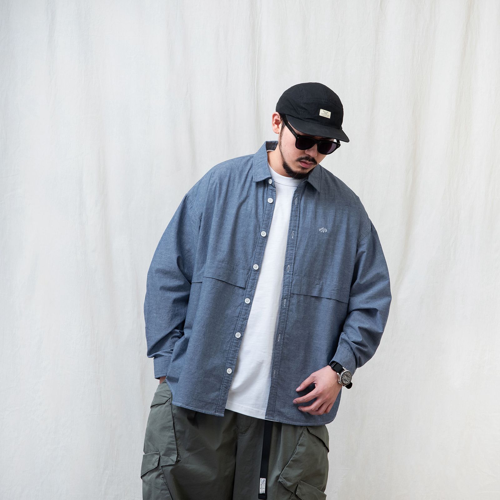 【ラスト1点 L 】brand logo long-sleeve oversized chanbray shirt / ライトブルー