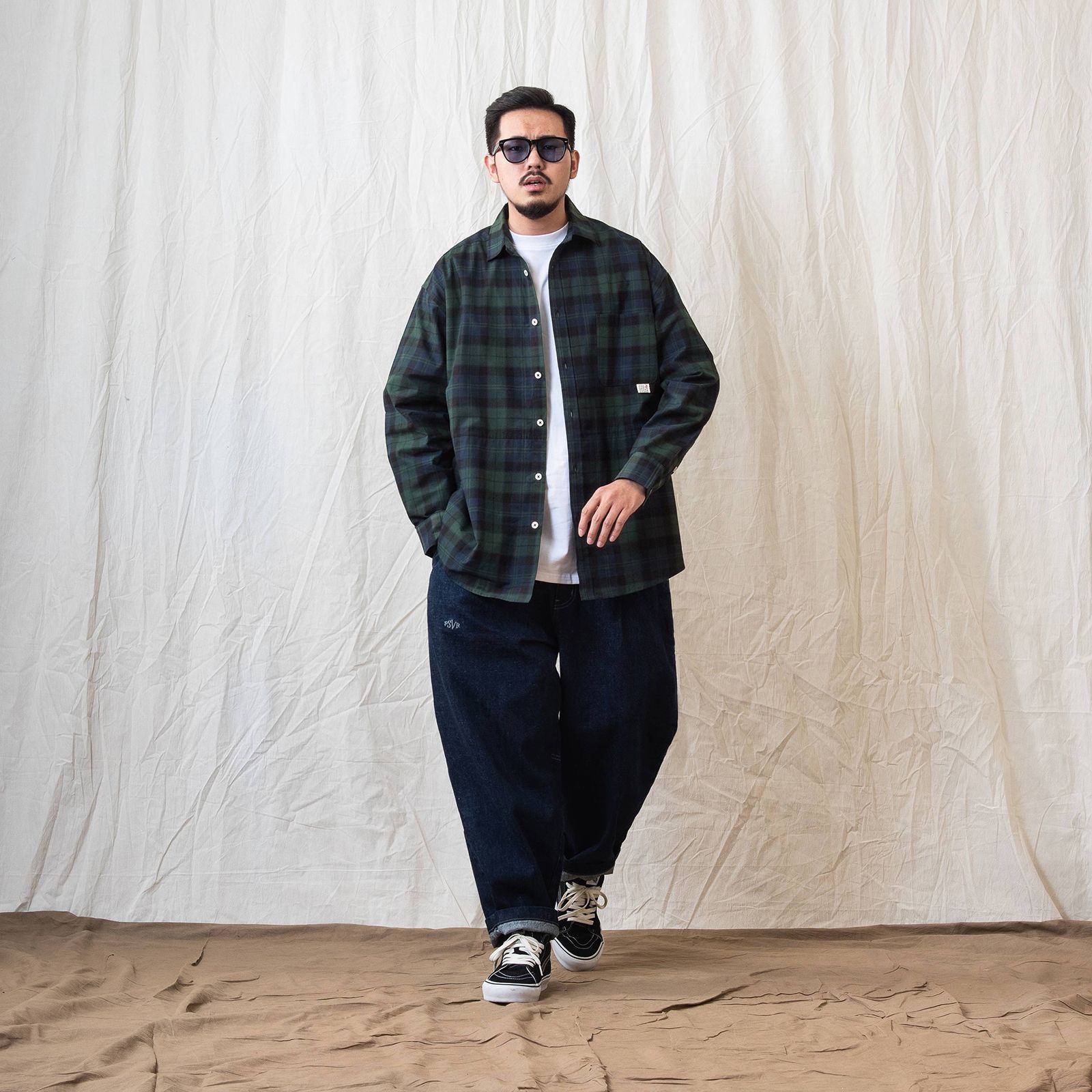 [ラスト1点 M ] persevere long sleeve check shirts / グリーン×ブルー