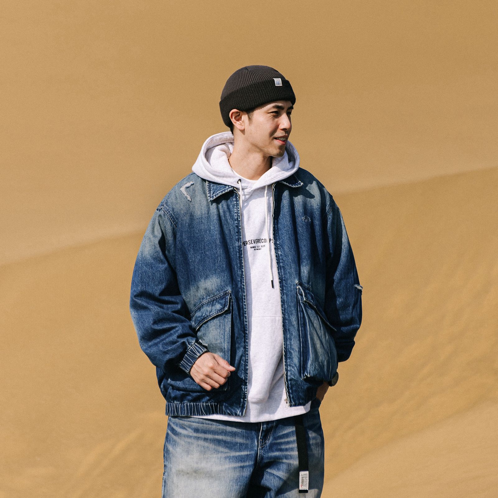 【ラスト1点 XL 】distressed denim harrington jacket / ウォッシュドブルー