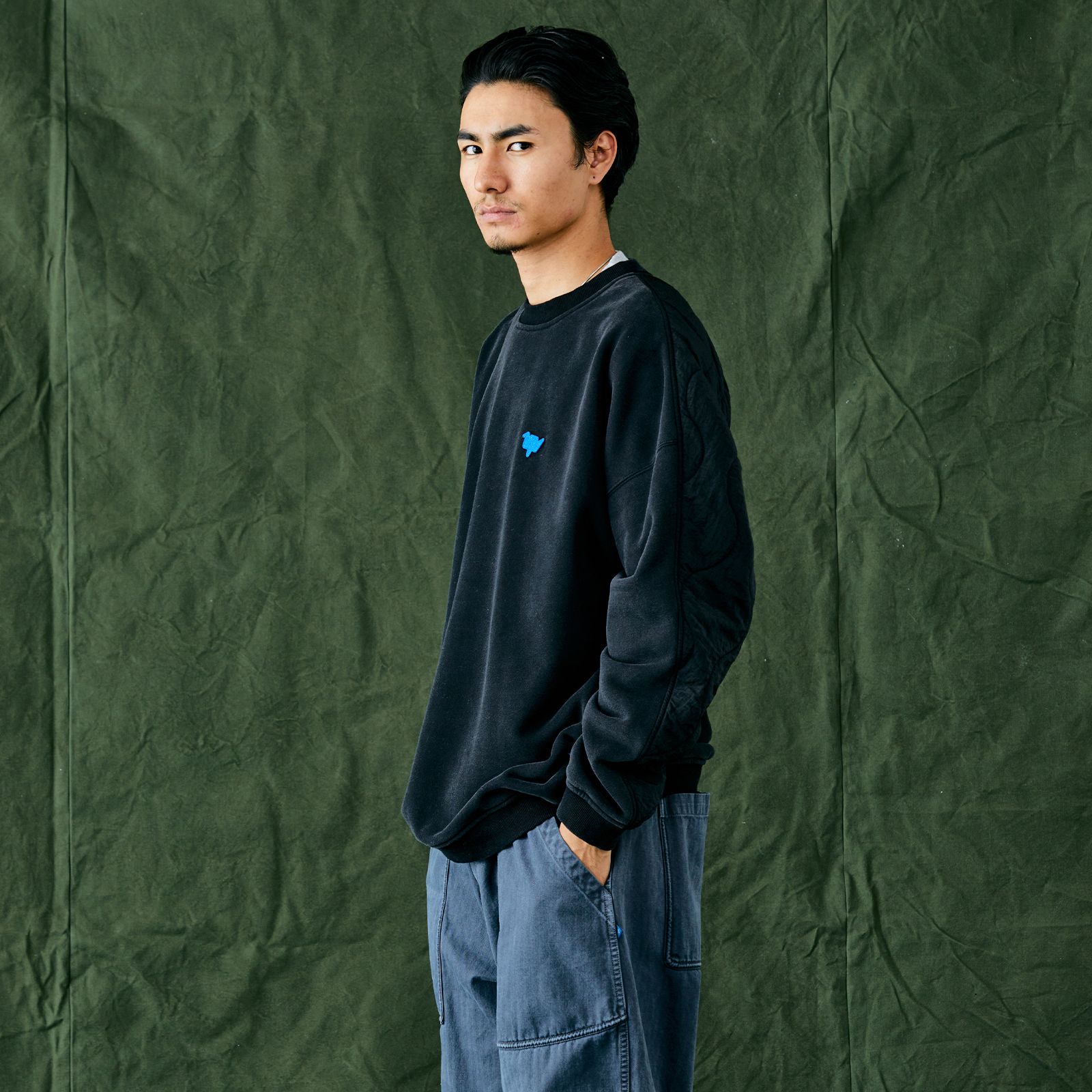 【ラスト1点 M】cotton fleece quilted crewneck / ブラック