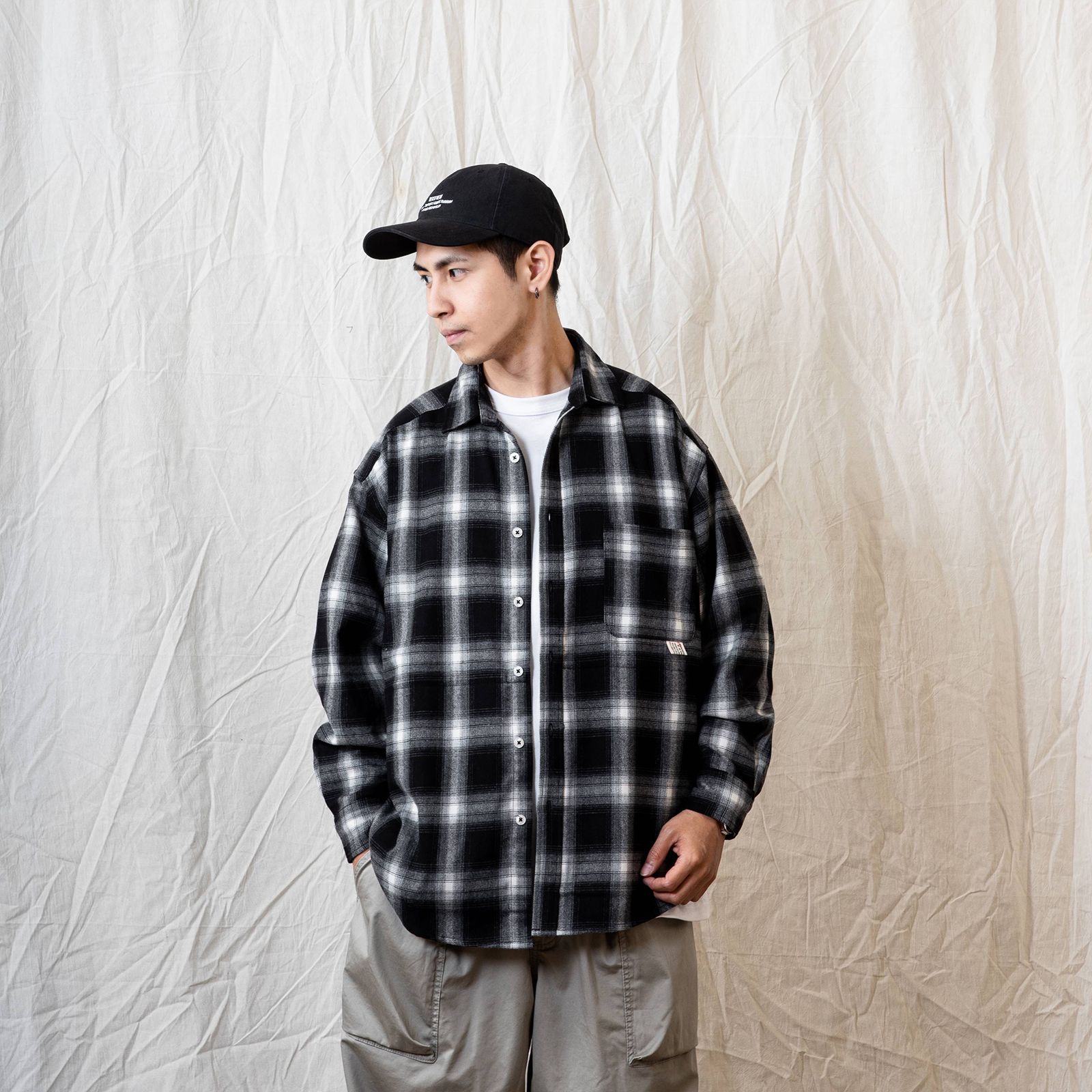 [ラスト1点 L ] persevere long sleeve check shirts / ブラック×ホワイト