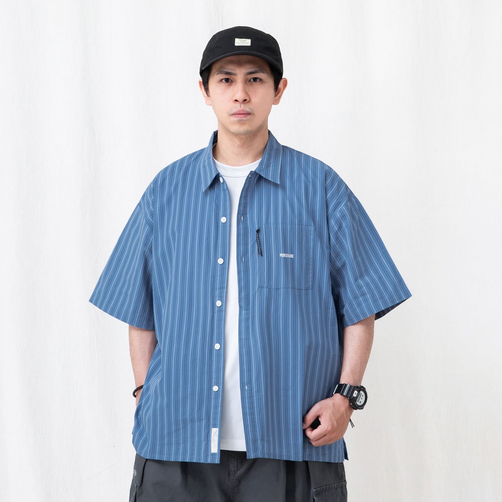 brand logo loose-fit shirt / ブルー&ホワイトストライプ