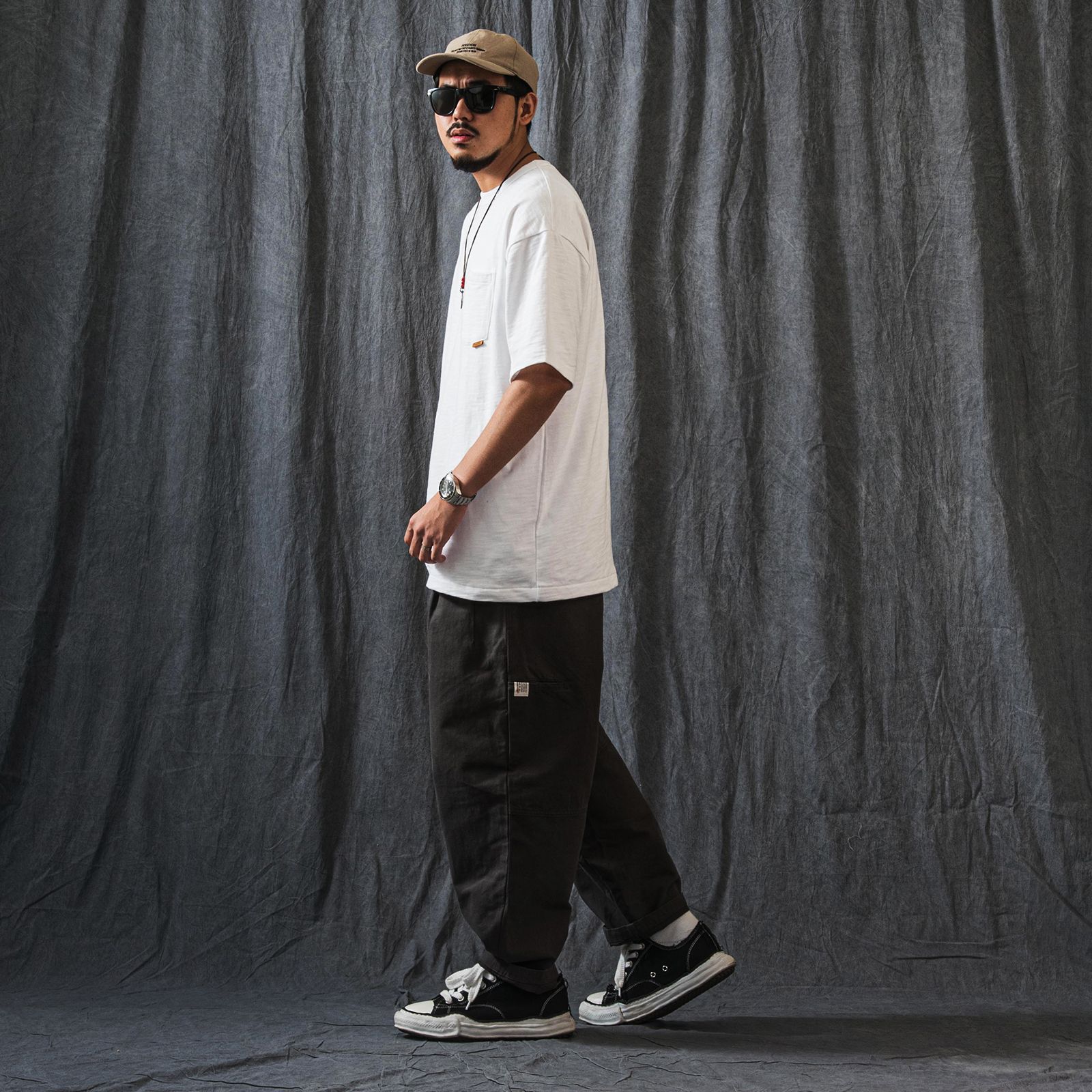 【ラスト1点 M】elasticated waist pleated tapered pants / グレー