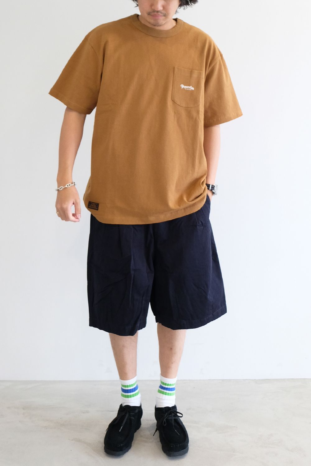 Persevere のポケTEEとハーフパンツの着こなし