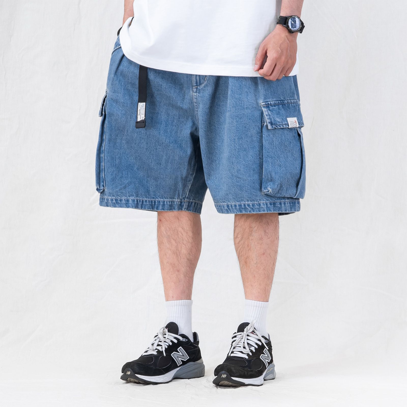 washed double cargo shorts / ウォッシュドデニムブルー