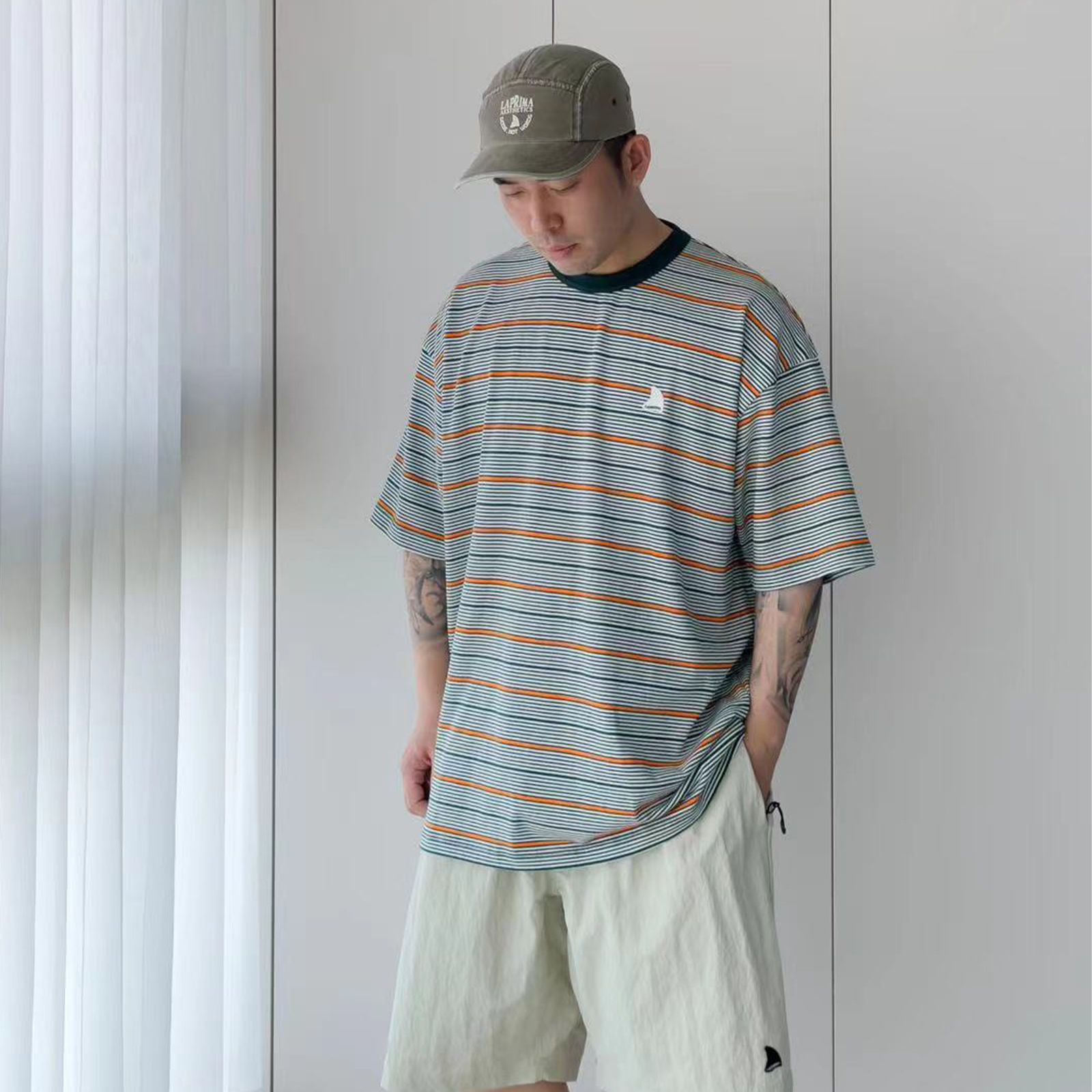 【ラスト1点 L】stripe crewneck lap / ホワイト×オレンジ