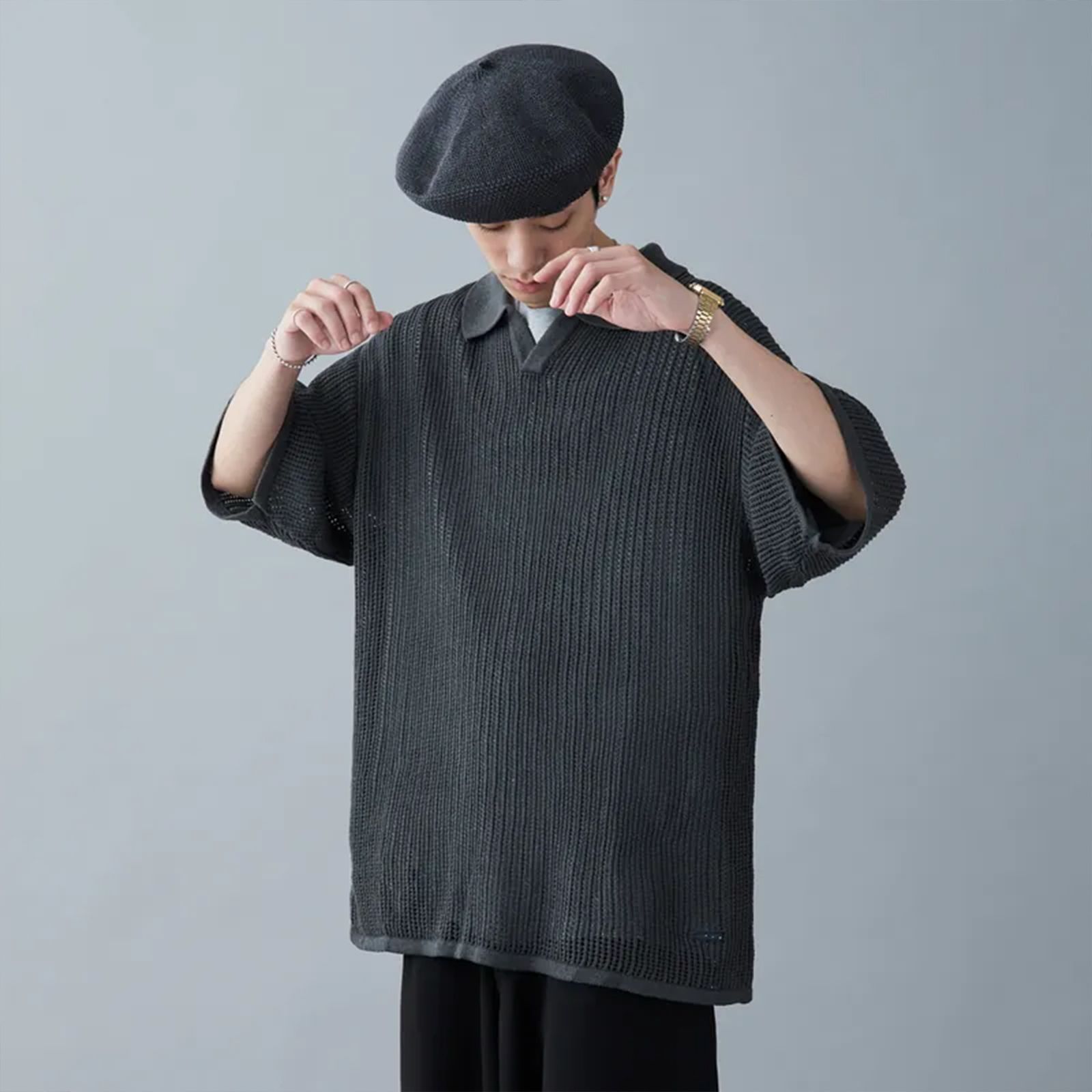 【ラスト1点 3 】Mesh Knitted Polo shirt / ディープグレー