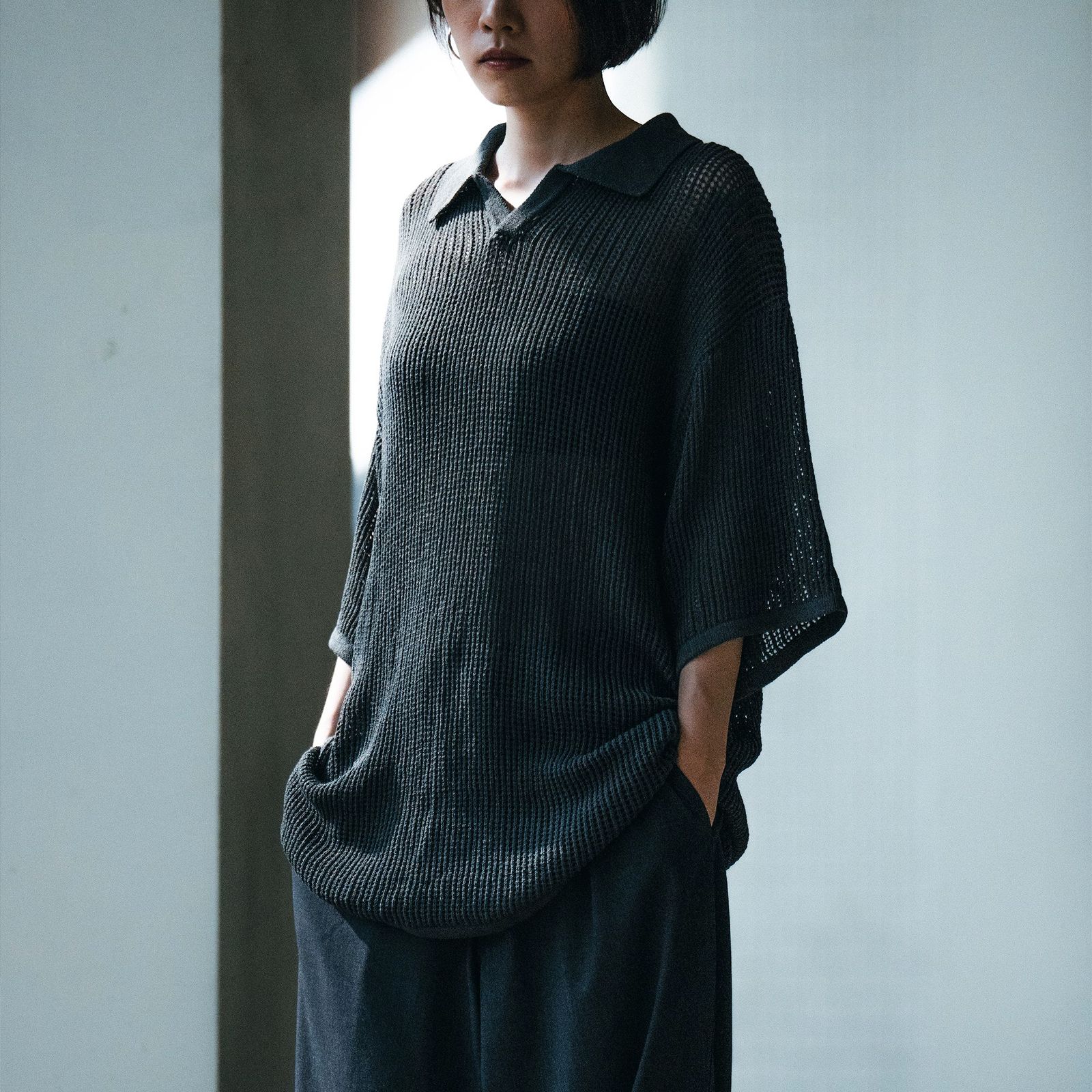 【ラスト1点 3 】Mesh Knitted Polo shirt / ディープグレー
