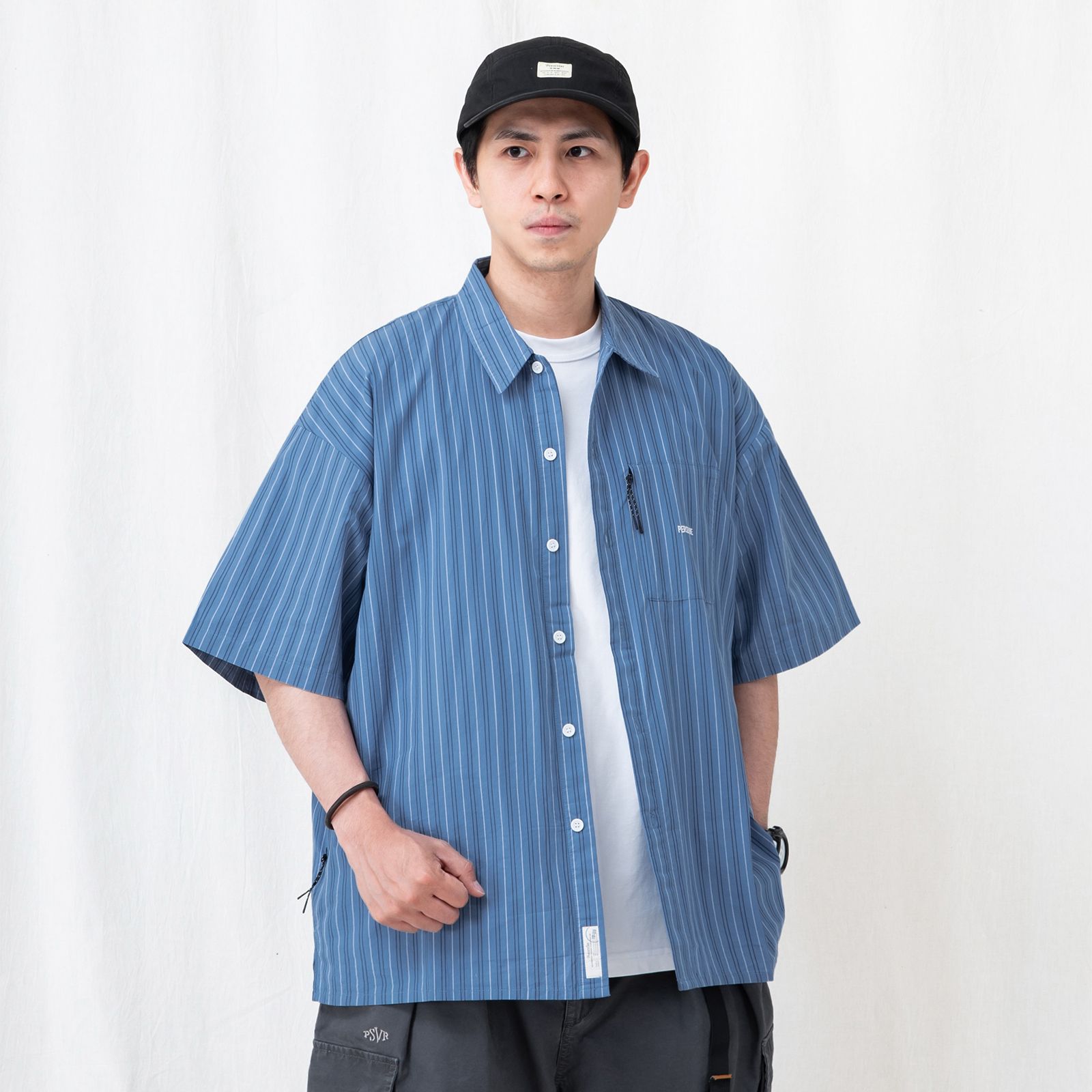 brand logo loose-fit shirt / ブルー&ホワイトストライプ