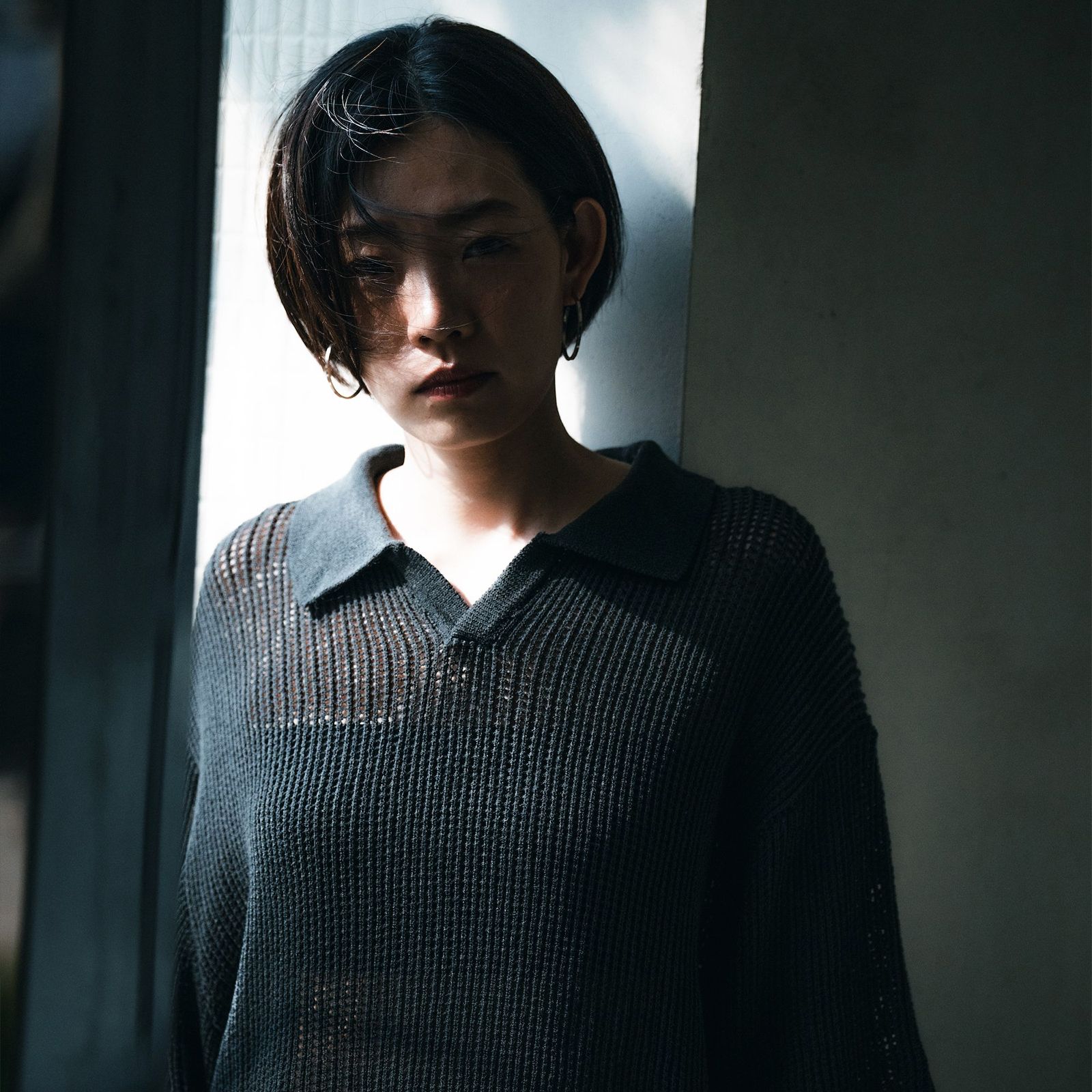 【ラスト1点 3 】Mesh Knitted Polo shirt / ディープグレー