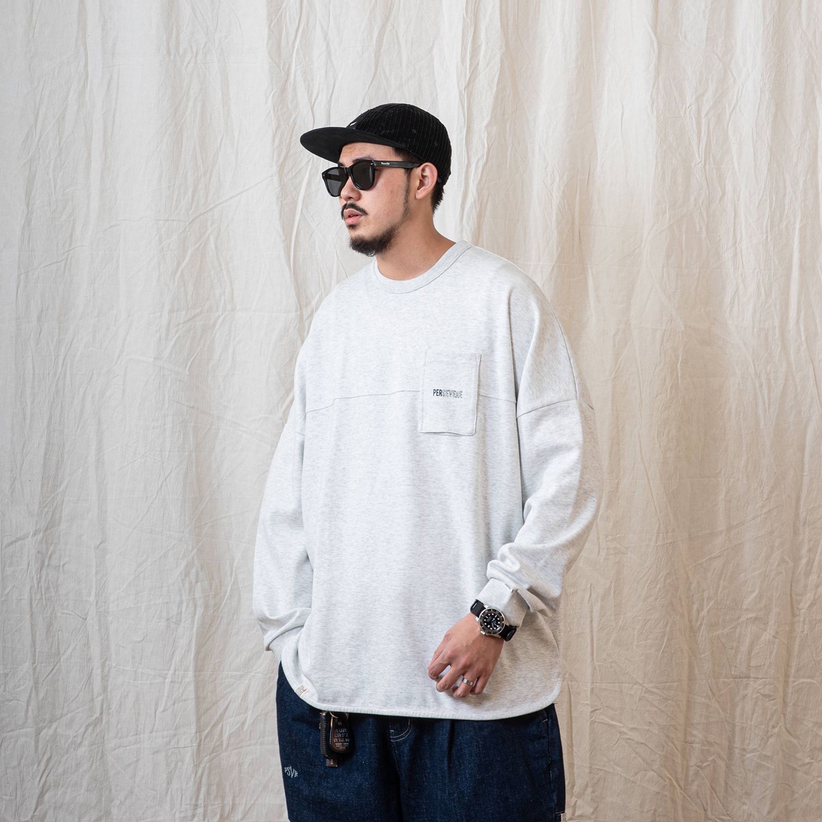 【ラスト1点 XL 】spliced L/S pocket t-shirt / ヘザーホワイト