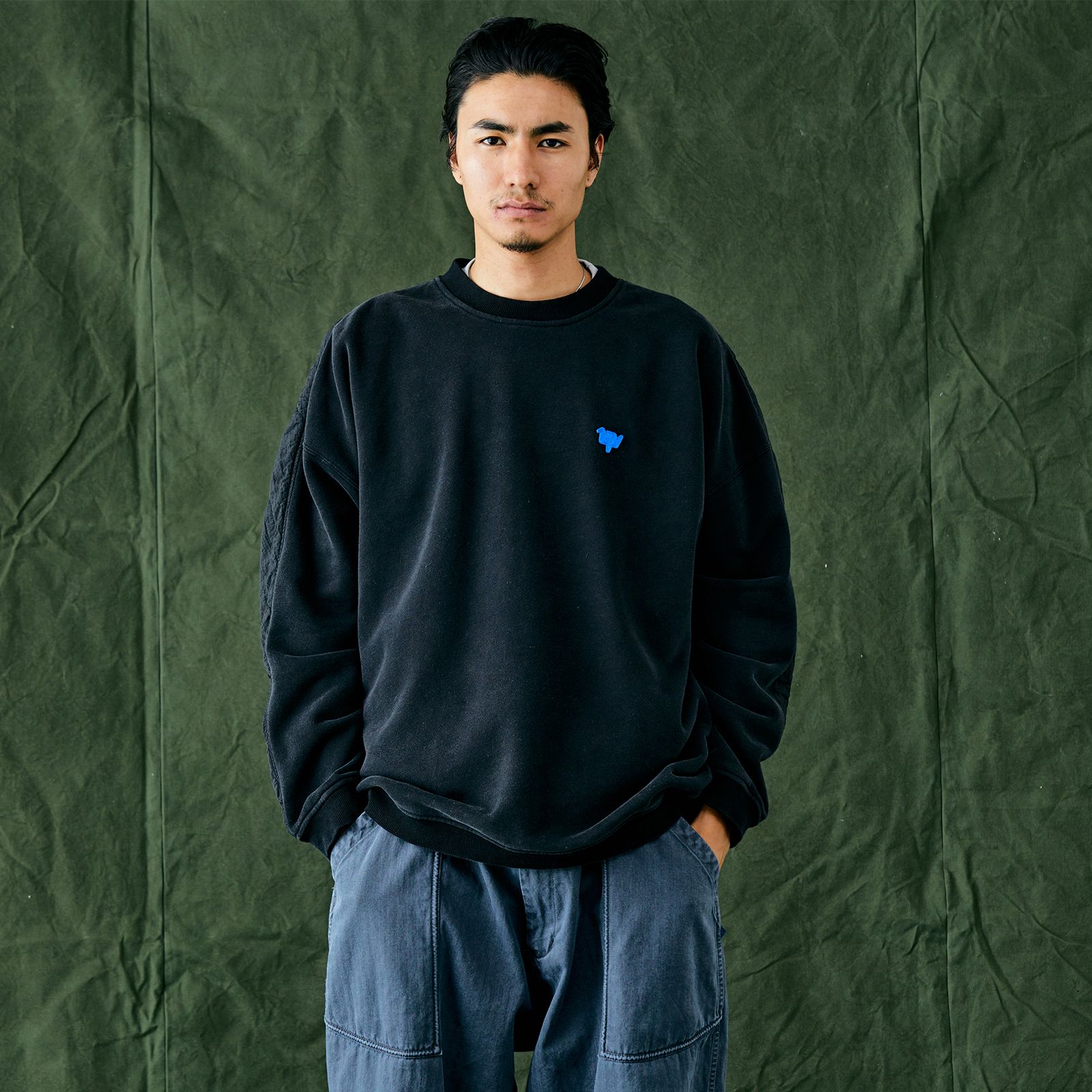 【ラスト1点 M】cotton fleece quilted crewneck / ブラック