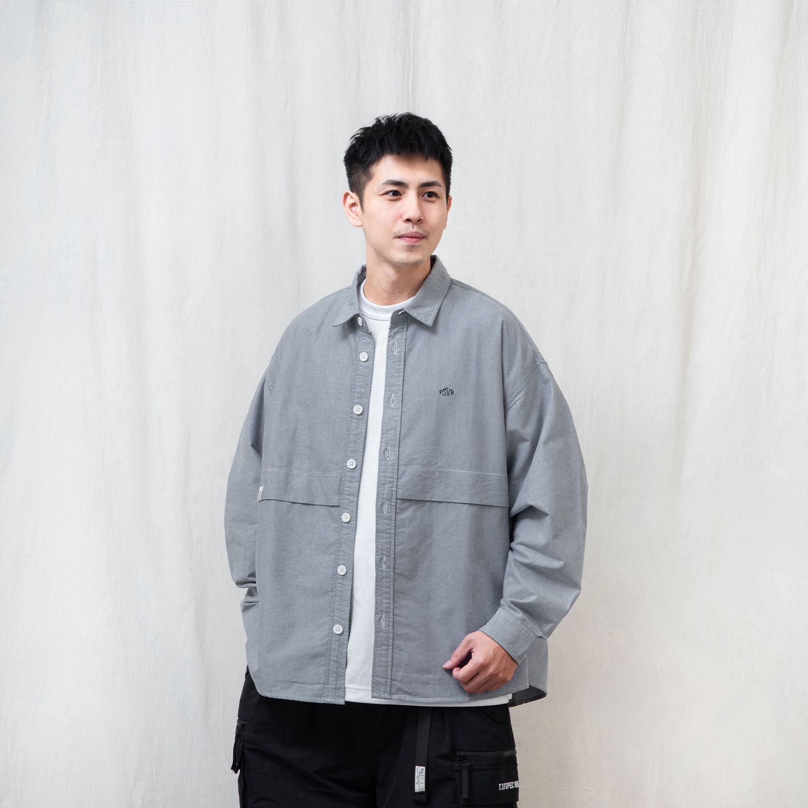 【ラスト1点 L】brand logo long-sleeve oversized oxford shirt / グレー