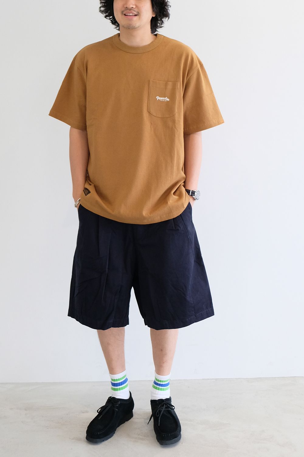 Persevere のポケTEEとハーフパンツの着こなし