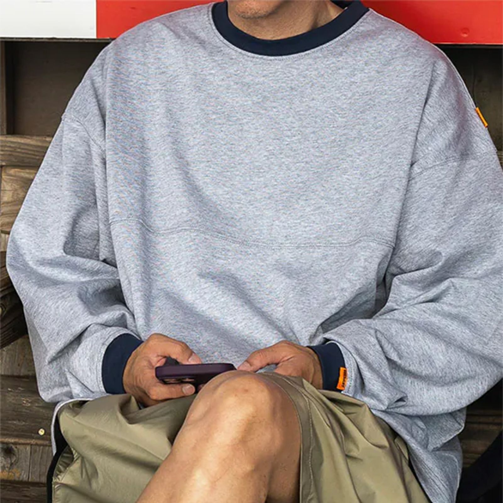 【ラスト1点 4 】BASIC L/S TEE WITH CONTRASTING RIBBED TRIMS / グレー