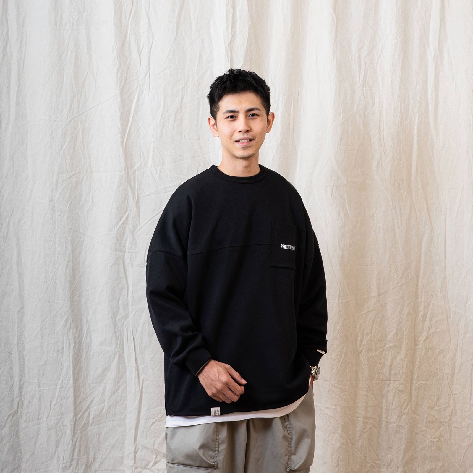 【ラスト1点 XL 】spliced L/S pocket t-shirt / ブラック