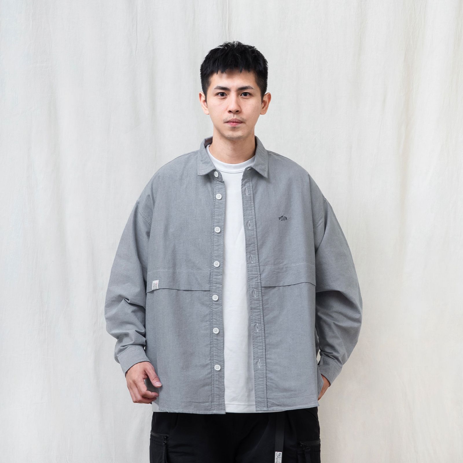 【ラスト1点 L】brand logo long-sleeve oversized oxford shirt / グレー