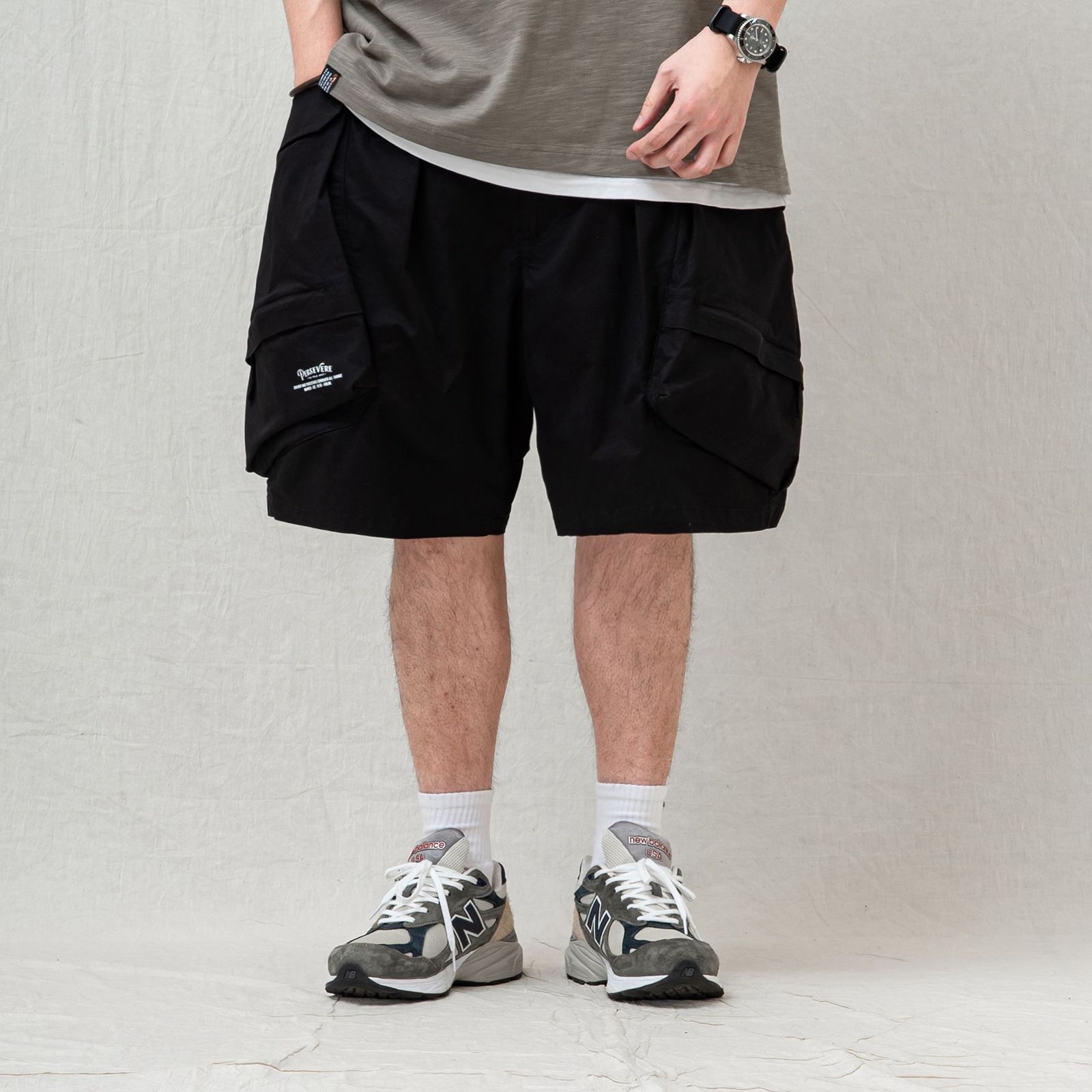 【ラスト1点 M 】washed multi-pocket cargo shorts / ブラック