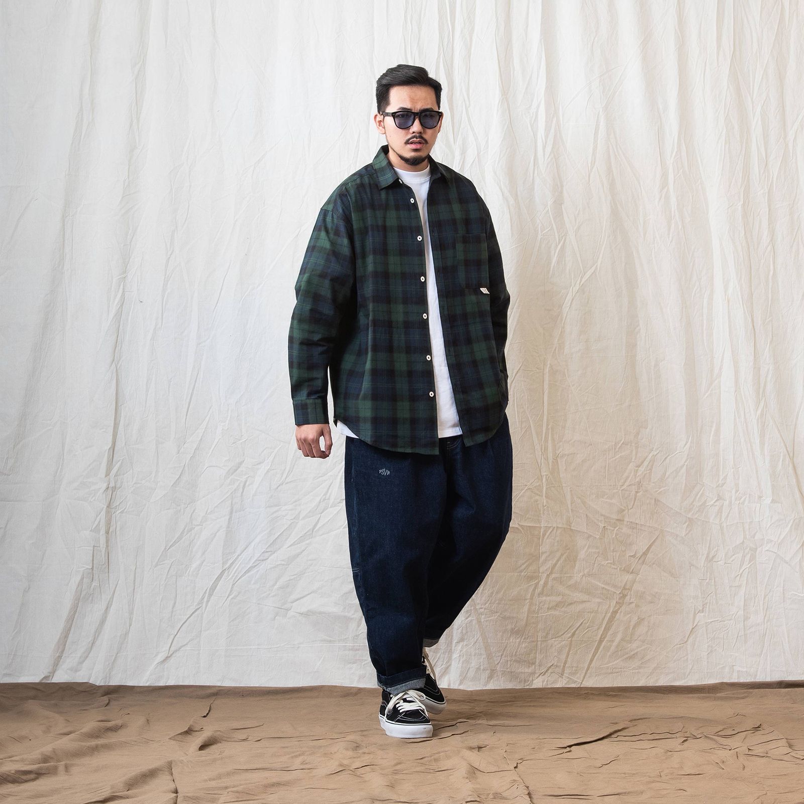 [ラスト1点 M ] persevere long sleeve check shirts / グリーン×ブルー