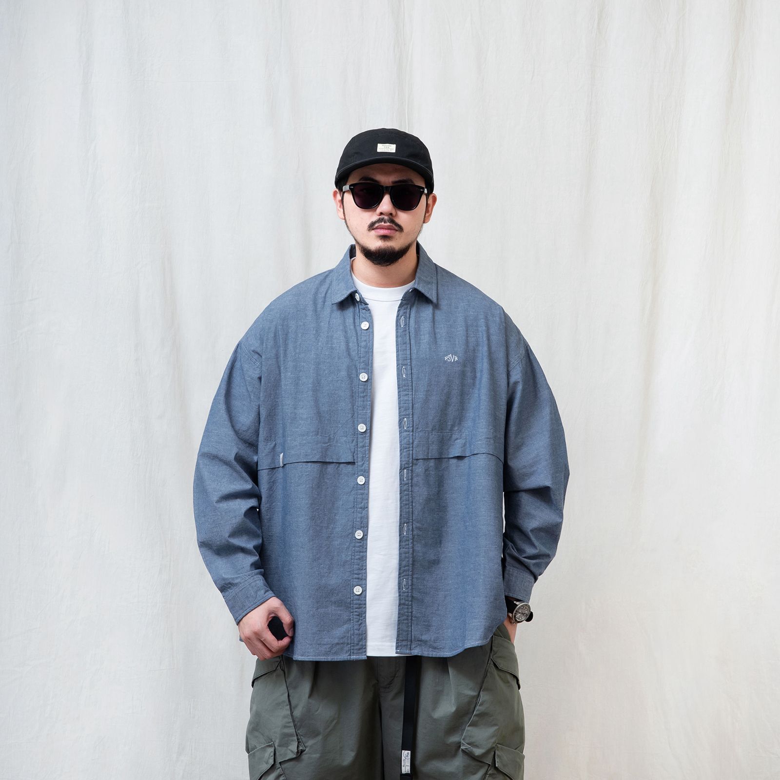 【ラスト1点 L 】brand logo long-sleeve oversized chanbray shirt / ライトブルー