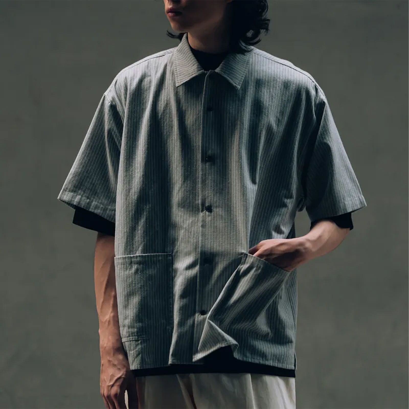 【ラスト1点 2 】Open Collar Stripe Shirt / グレーストライプ