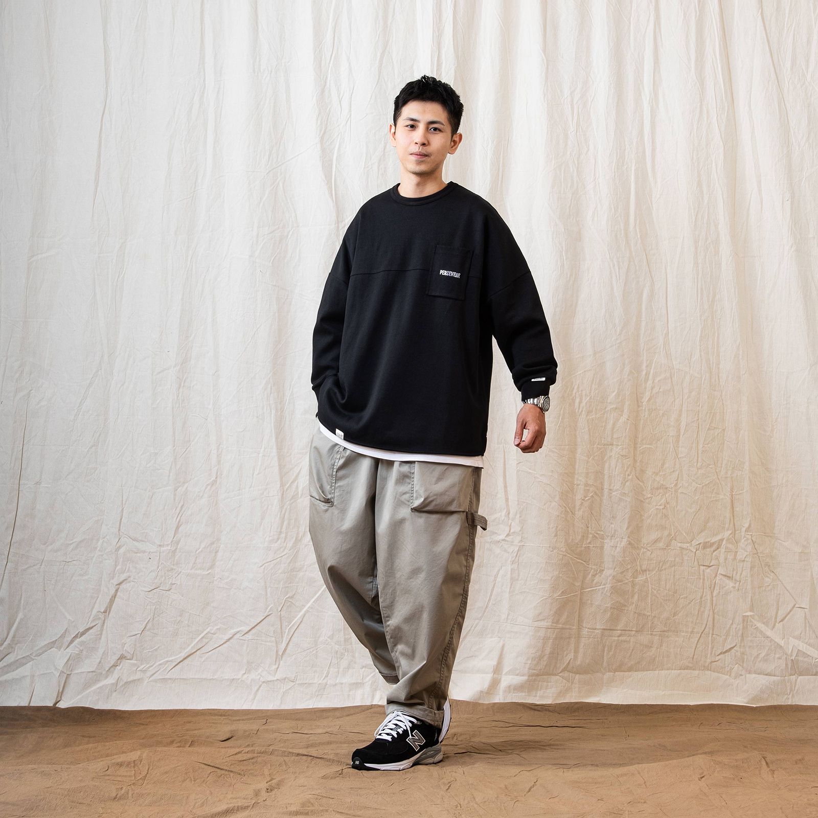 【ラスト1点 XL 】spliced L/S pocket t-shirt / ブラック