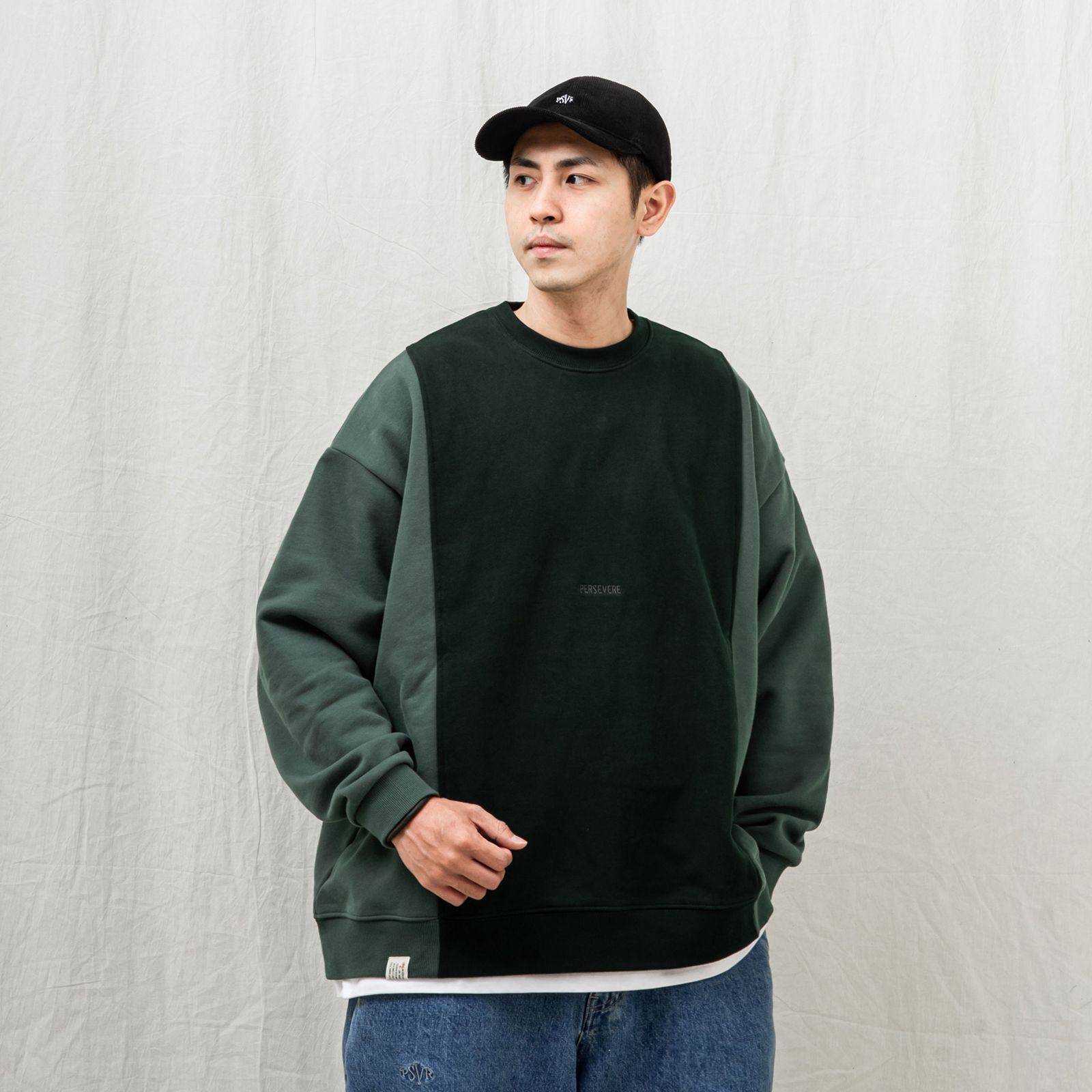two-tone spliced sweatshirt / ライトグリーン×ダークグリーン