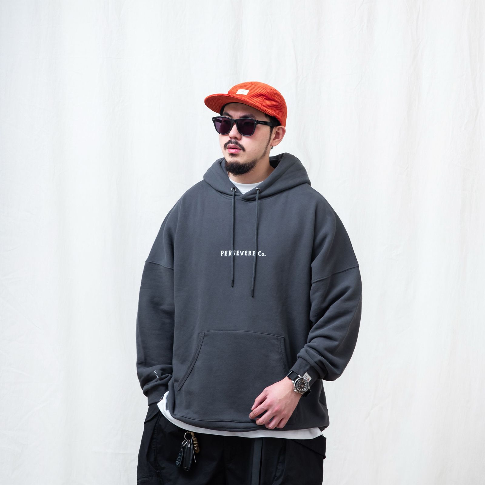 【ラスト1点 L 】brand logo classic washed hoodie / チャコールブラック