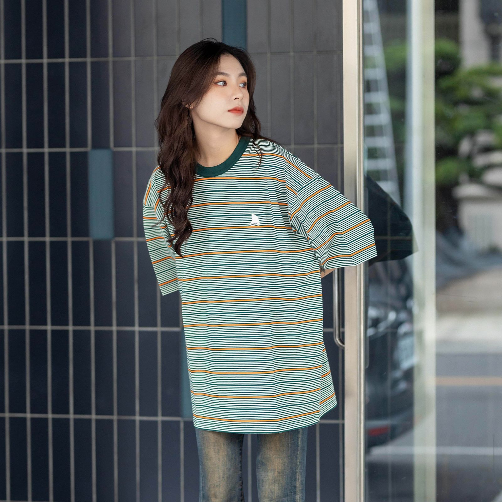 【ラスト1点 L】stripe crewneck lap / ホワイト×オレンジ