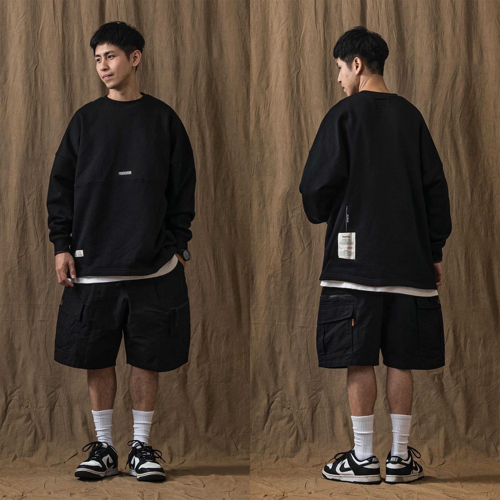 [ラスト1点 M] フロントロゴ ドロップショルダー クルーネックスエットシャツ / morse code classic sweatshirt / ブラック