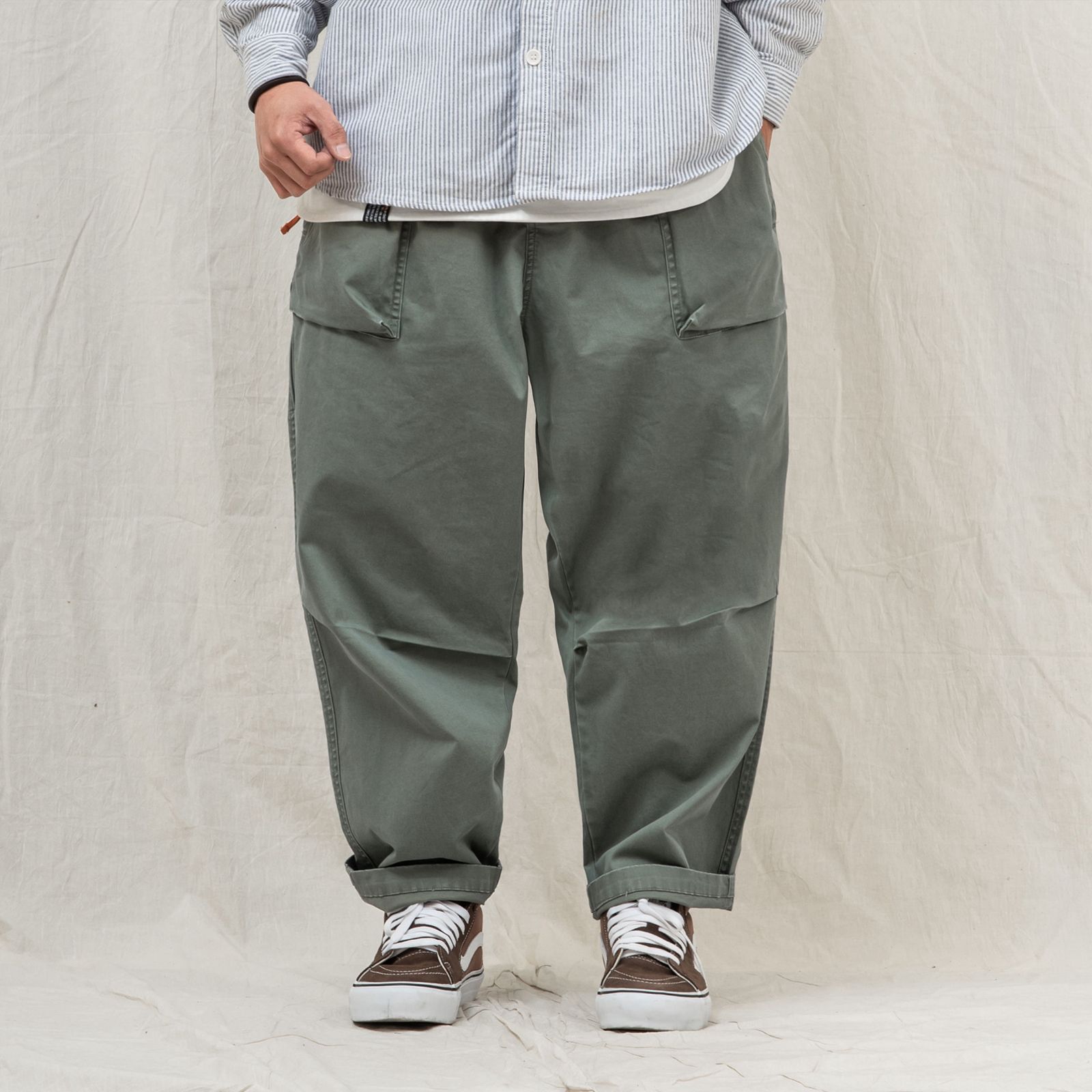 【ラスト1点 XL】heavy enzume washed tapered pants / グリーングレー