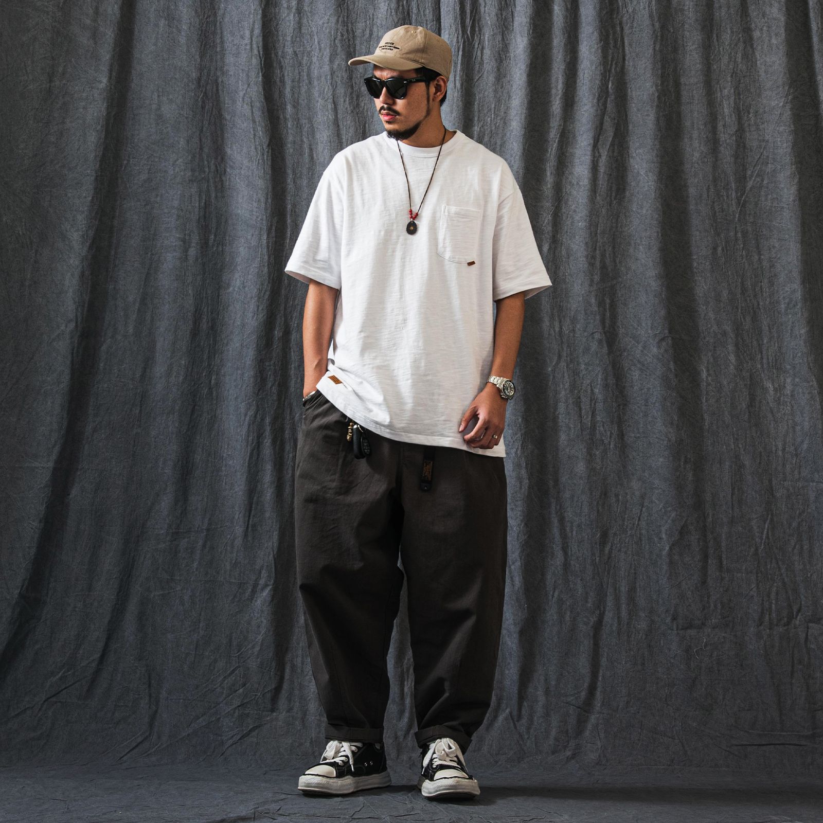 【ラスト1点 M】elasticated waist pleated tapered pants / グレー