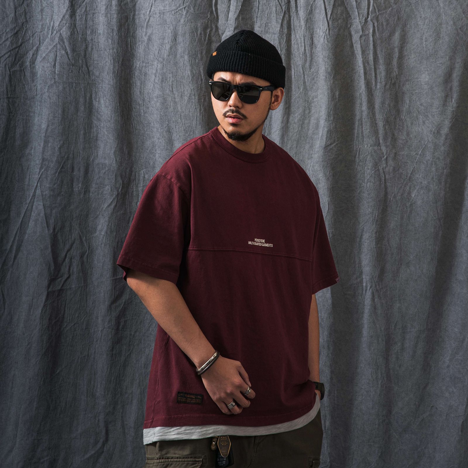【ラスト1点 XL】pigment-dyed panel T-shirt / バーガンディー