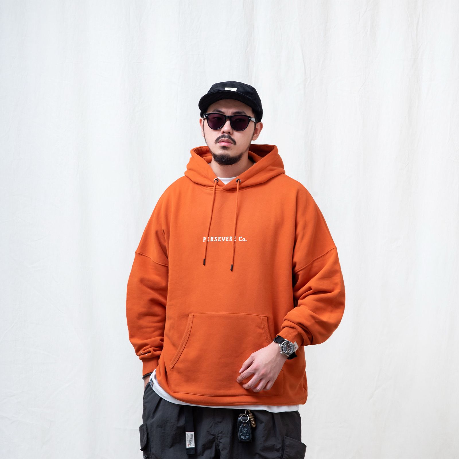 【ラスト1点 M】brand logo classic washed hoodie / オレンジ