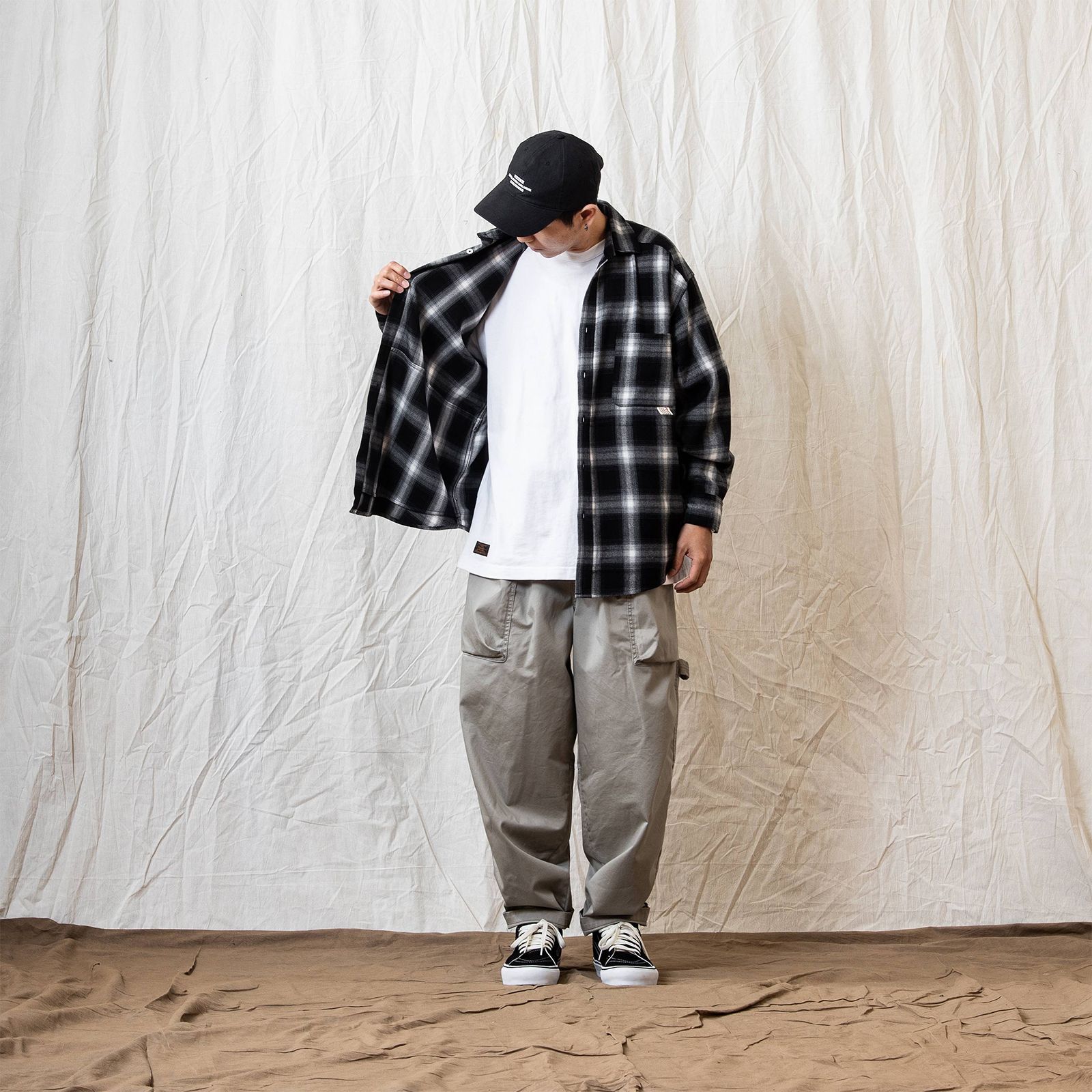 [ラスト1点 L ] persevere long sleeve check shirts / ブラック×ホワイト