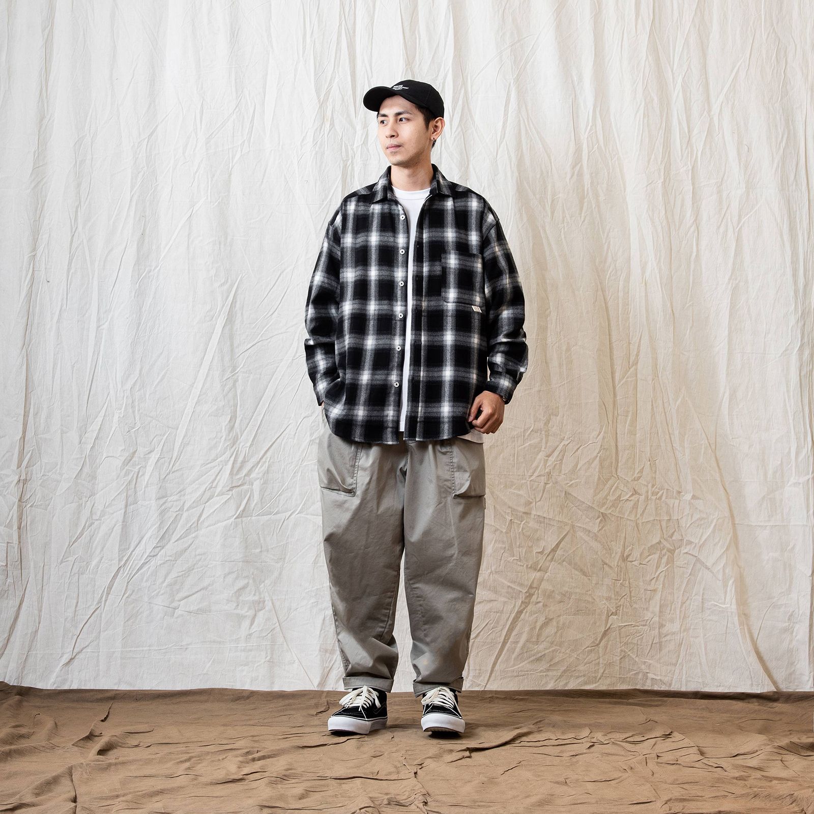 [ラスト1点 L ] persevere long sleeve check shirts / ブラック×ホワイト