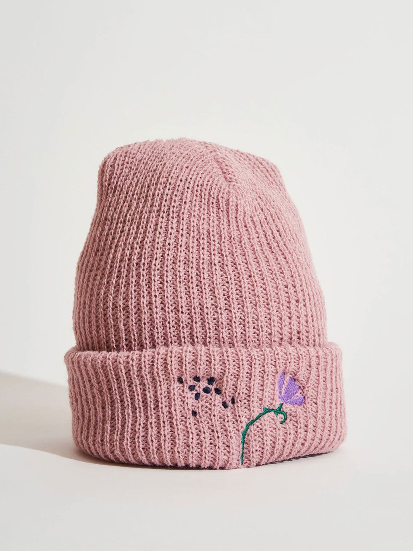 Park Deli - ニットキャップ - Floral Stamp Knit Cap - Pale Rose