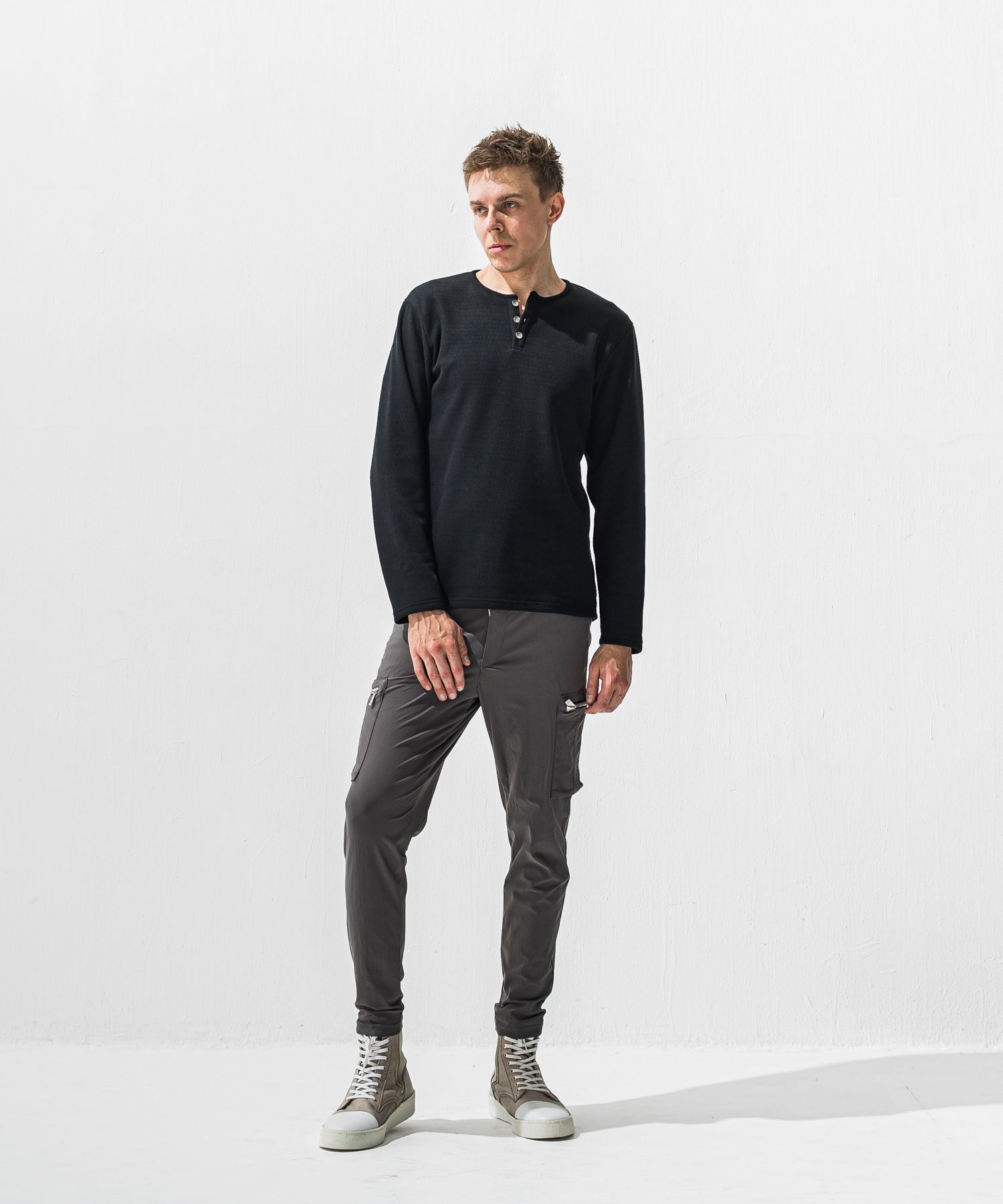 VELOURS FLEECE THERMAL HENRY / 裏起毛 サーマル生地 ロングスリーブ ヘンリーネック (ブラック) (10月下旬入荷予定) ※オーダー締切:9月7日(月)17時