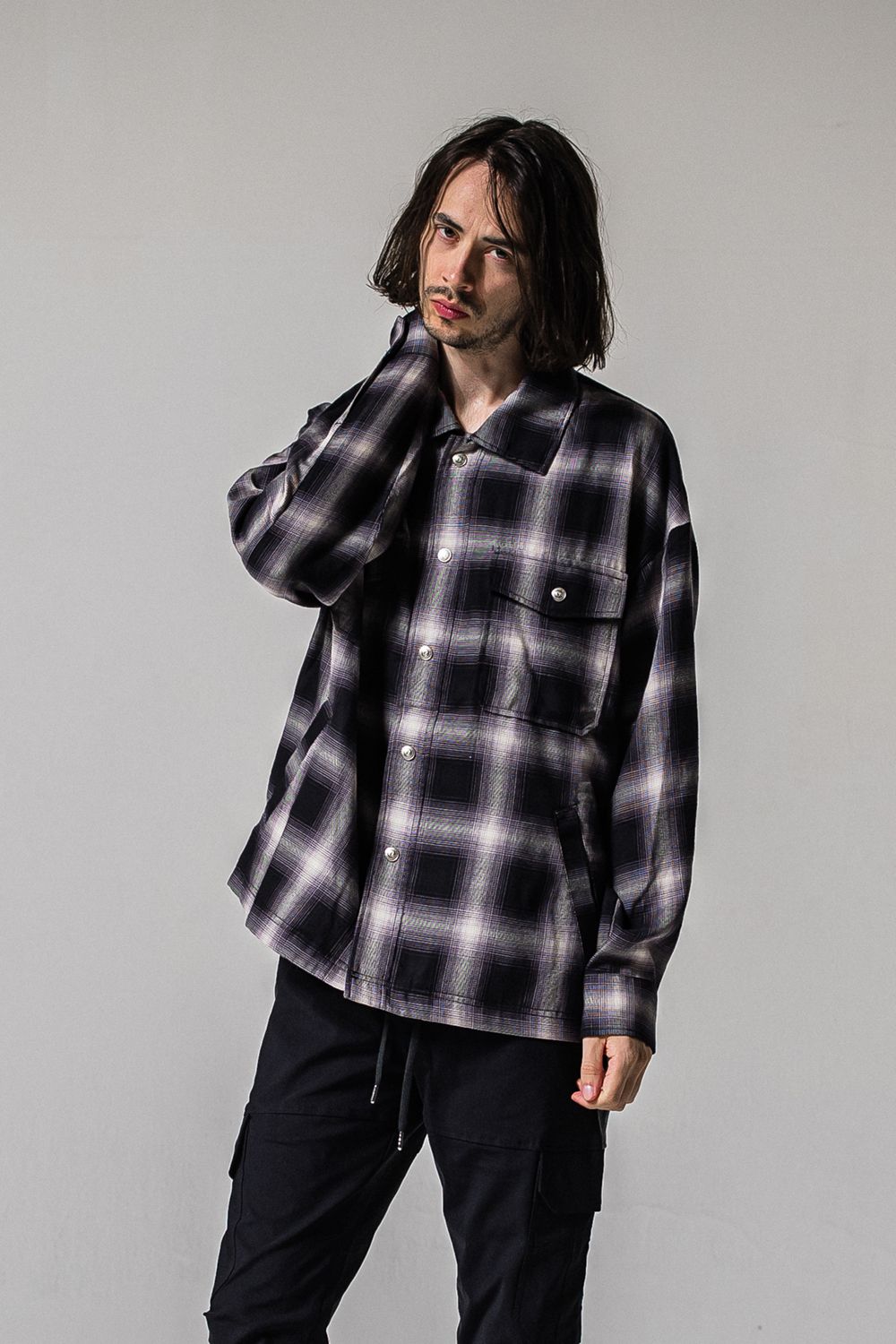 50S CHECK JK / オーバーサイズ オンブレチェック CPOジャケット (ブラック) (2月中旬入荷予定)