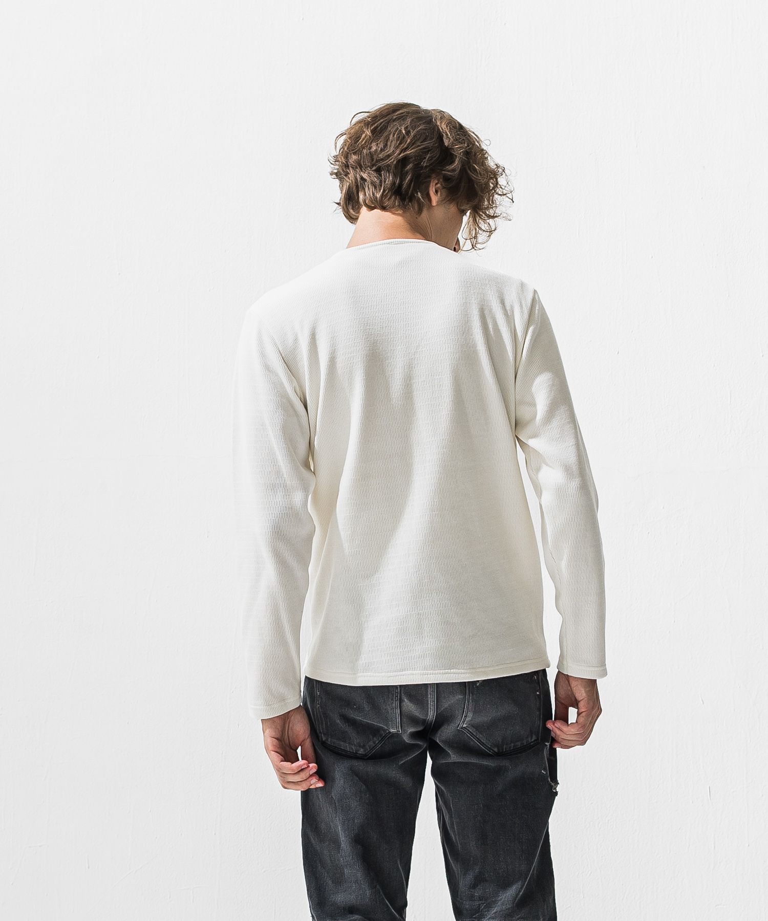VELOURS FLEECE THERMAL HENRY / 裏起毛 サーマル生地 ロングスリーブ ヘンリーネック (ホワイト) (10月下旬入荷予定) ※オーダー締切:9月7日(月)17時