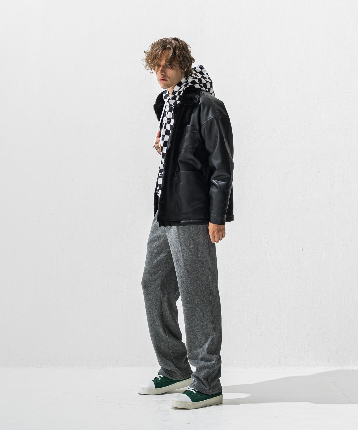 CHECKER BACK FLEECE HOODIE / チェッカーフラッグ 裏起毛フーディー (ホワイト/ブラック) (11月上旬入荷予定) ※オーダー締切:9月7日(月)17時