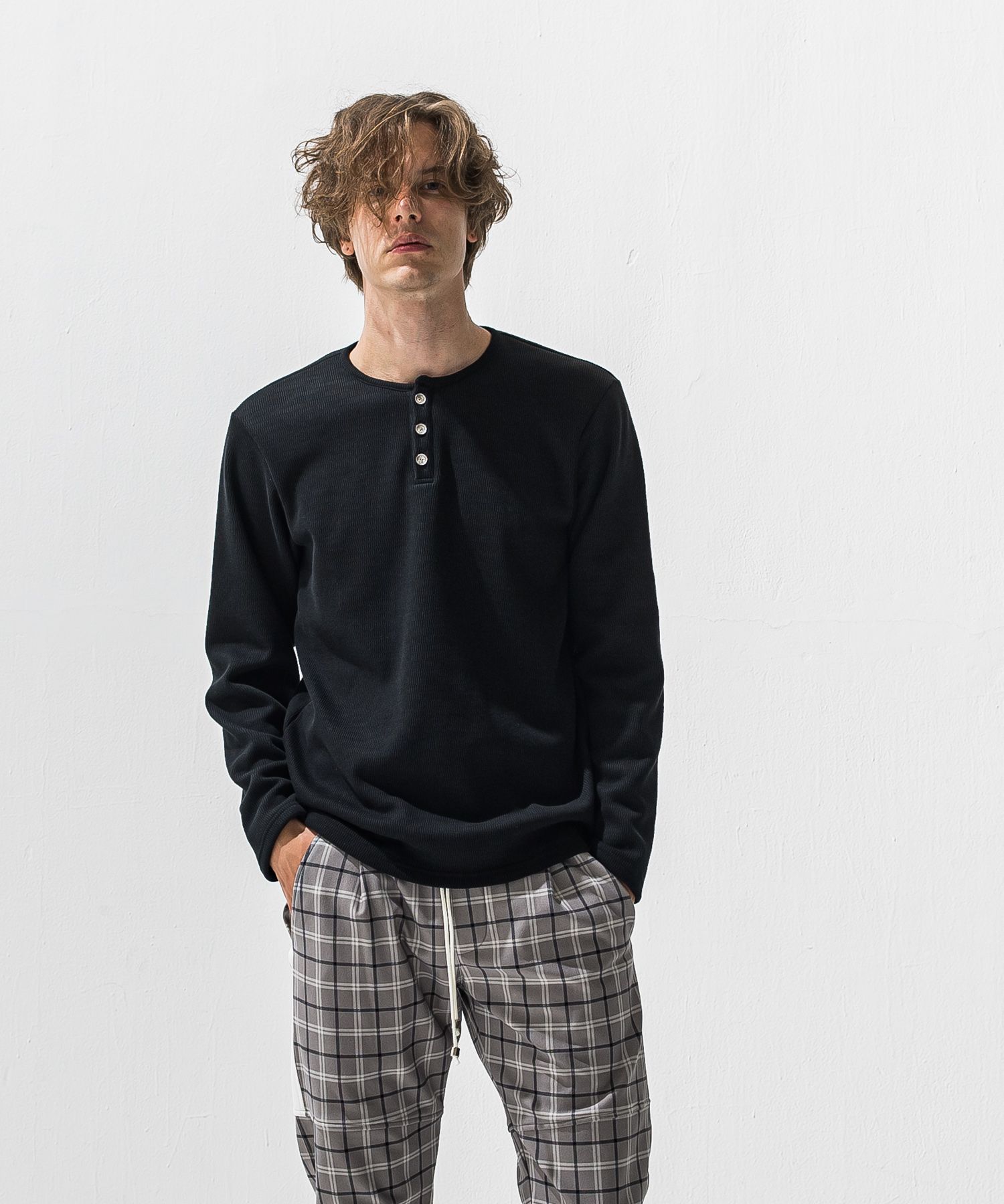 VELOURS FLEECE THERMAL HENRY / 裏起毛 サーマル生地 ロングスリーブ ヘンリーネック (ブラック) (10月下旬入荷予定) ※オーダー締切:9月7日(月)17時